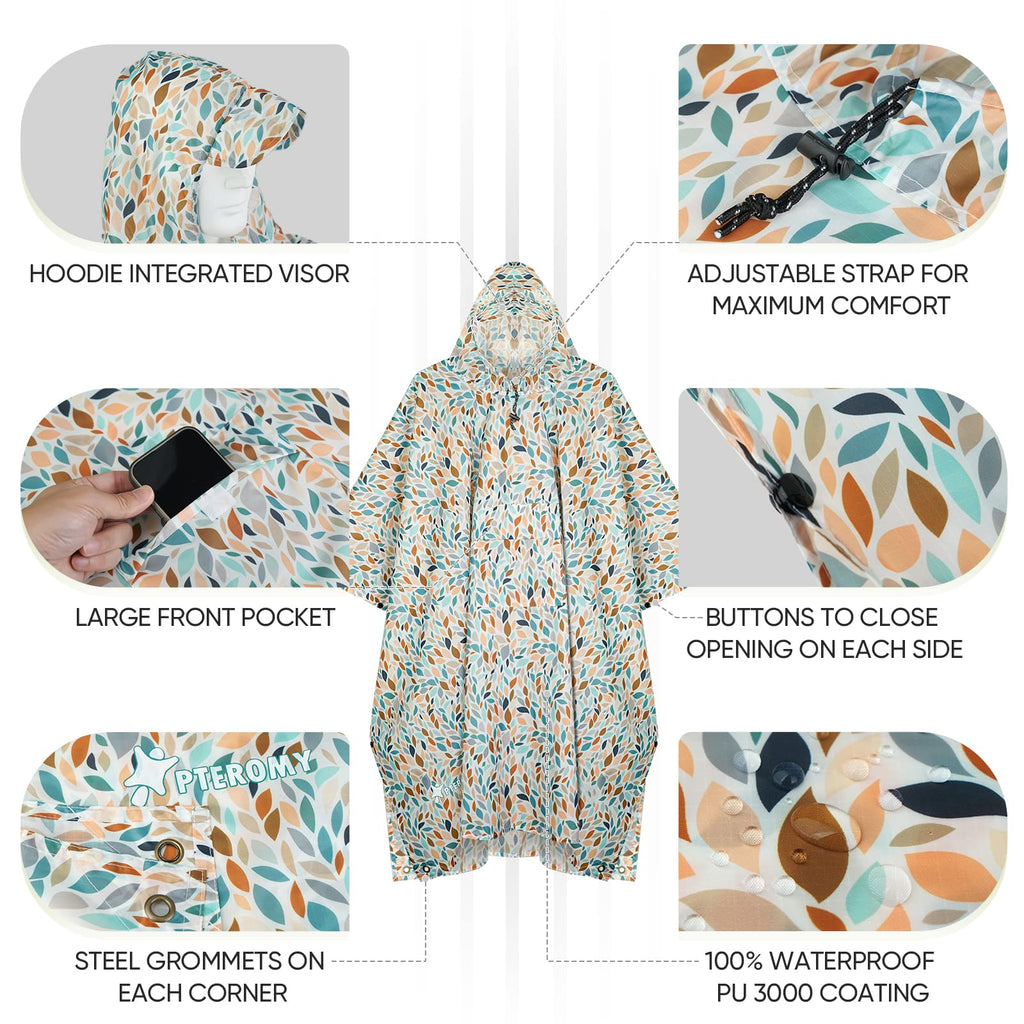PTEROMY 3-in-1 Hooded Rain Poncho for Adult with Pocket, Waterproof Lightweight Unisex Raincoat for Hiking Camping Emergency