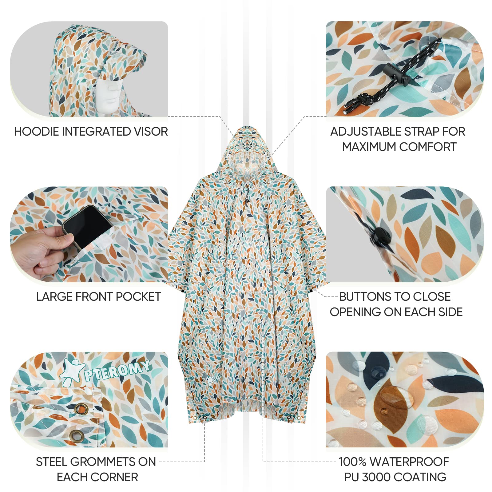 PTEROMY 3-in-1 Hooded Rain Poncho for Adult with Pocket, Waterproof Lightweight Unisex Raincoat for Hiking Camping Emergency