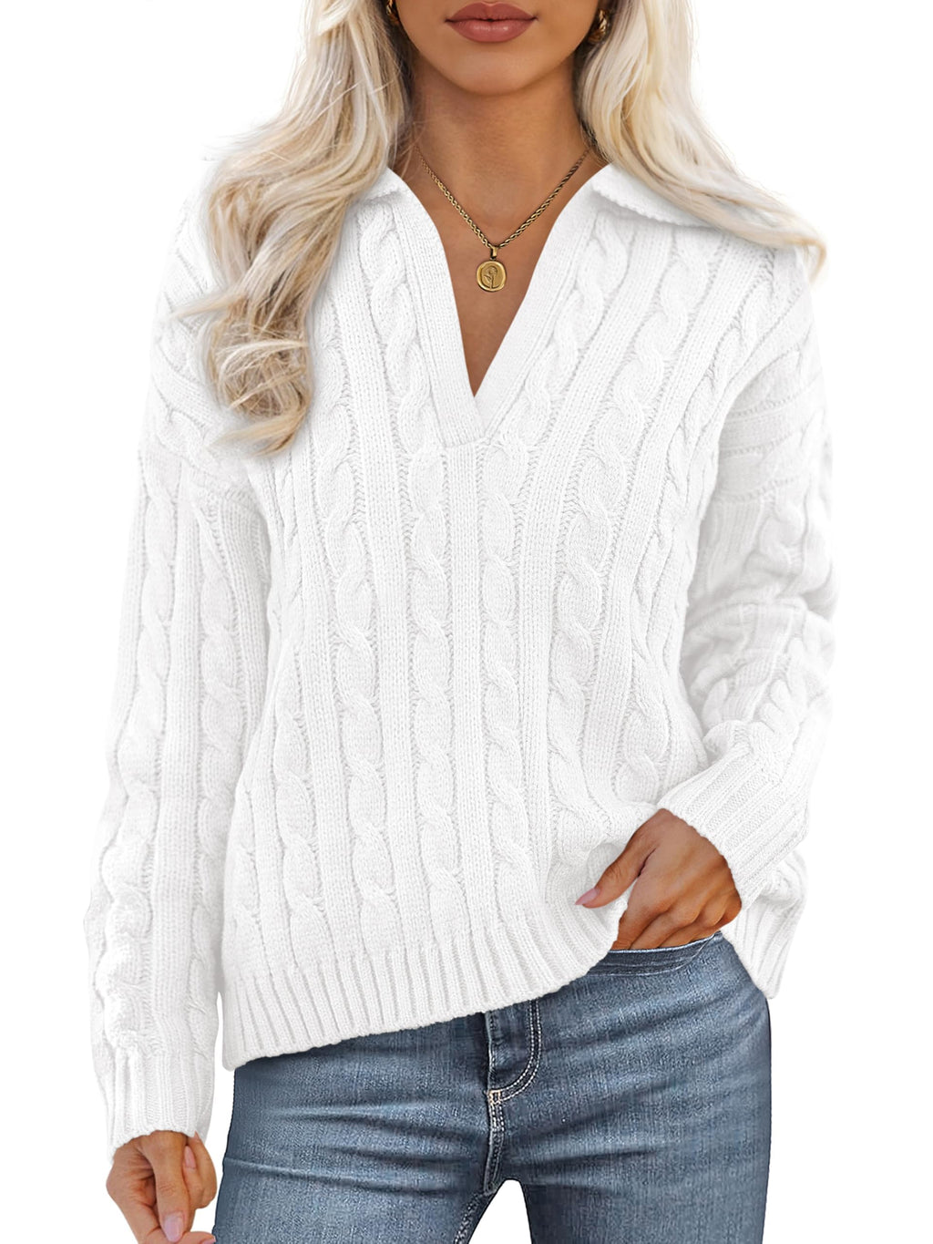 PRETTYGARDEN Spring Cable Knit Oversized Sweaters for Women 2026 Polo V Neck Long Sleeve Casual Chunky Sweater Pullover Tops
