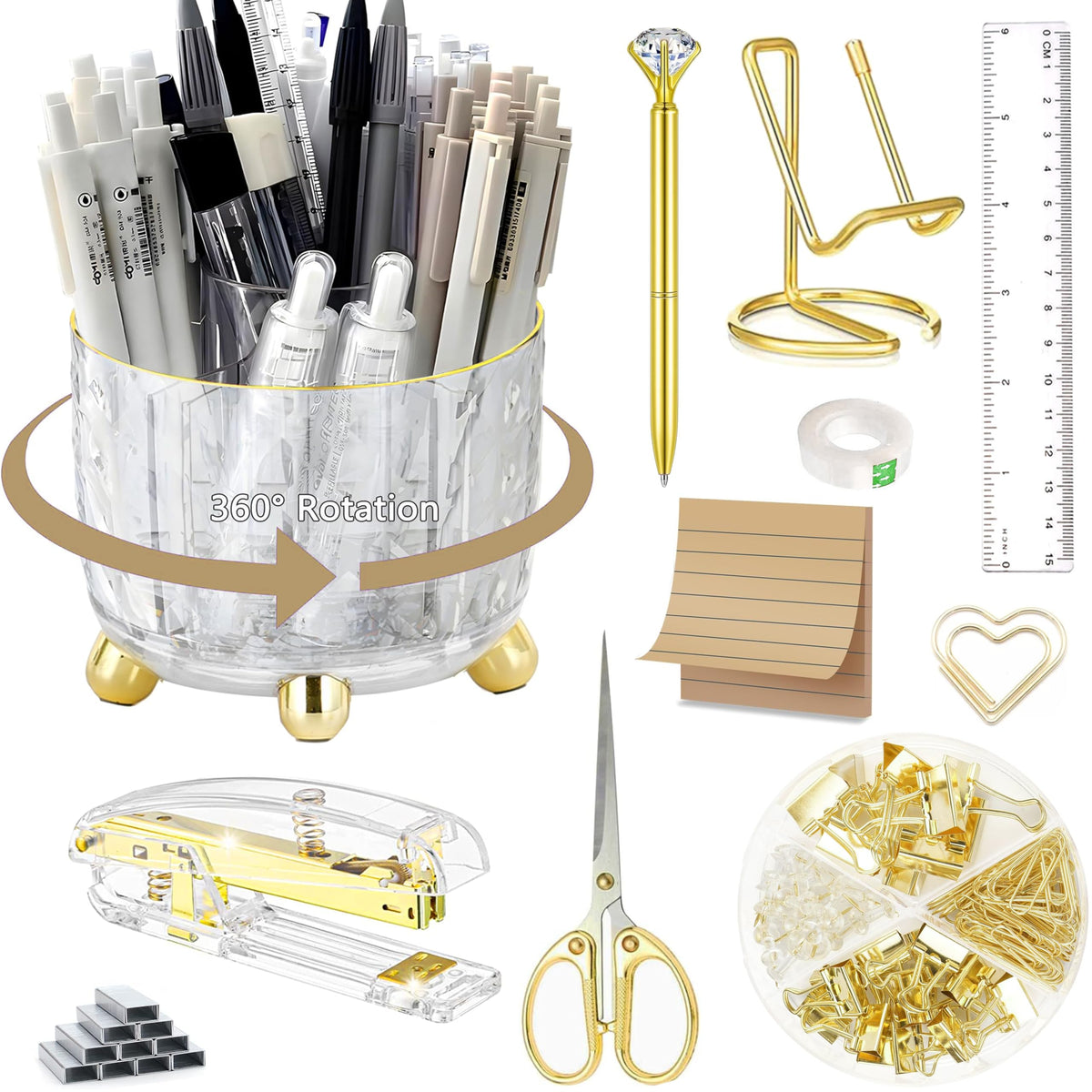 Dimonluce Office Desk Accessories, Black Office Supplies Accessories with Tape Dispenser, Stapler, Staple Remover, 1000 Staples, Tape, Clips Set, Ruler, Scissor, Pen