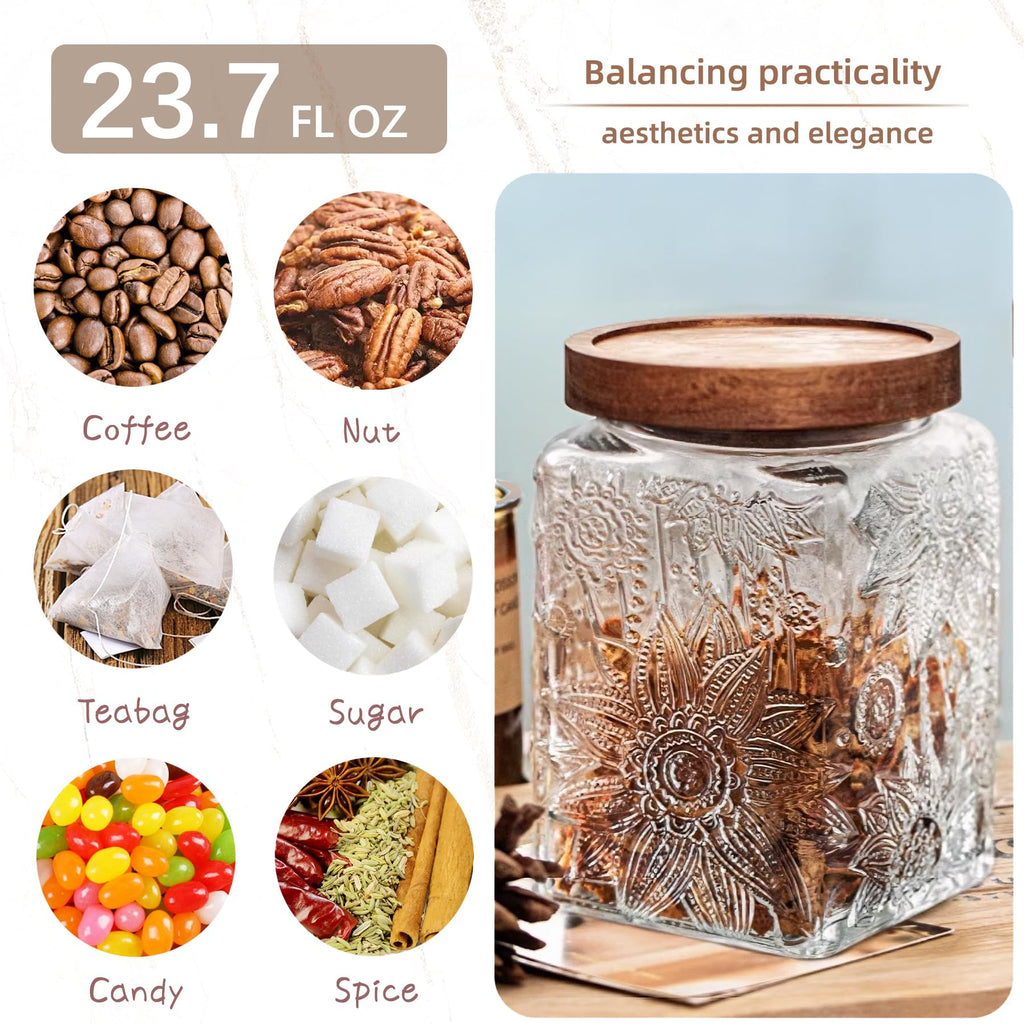 Custde Glass Storage Jars With Airtight Lid, 23.7oz Container For Kitchen Counter with Wooden Lid, brown sugar, candy, coffee, cookie, salt, tea, cute Jar (35oz Large Begonia Flowers)