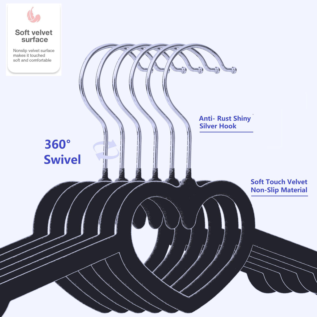Velvet Hangers 20 Pack,16 Inch Non Slip Adult Heart Hanger (Black) | 360° Swivel Hooks, Cascade Design, Space Saving