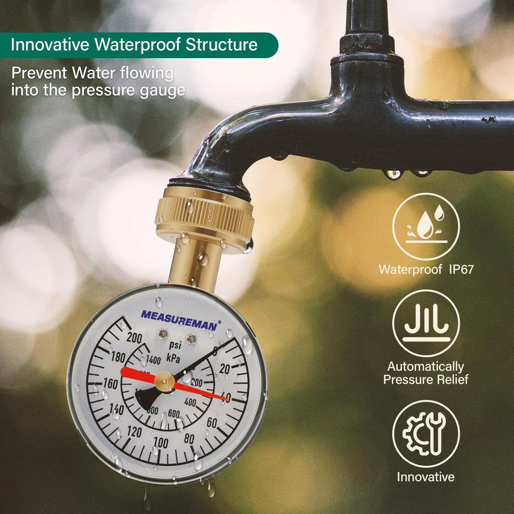 MEASUREMAN 2" Water Pressure Test Gauge, 3/4" Female Hose Thread, 0-200 psi/kpa with Maximum Pressure Memory (Pack of 2)