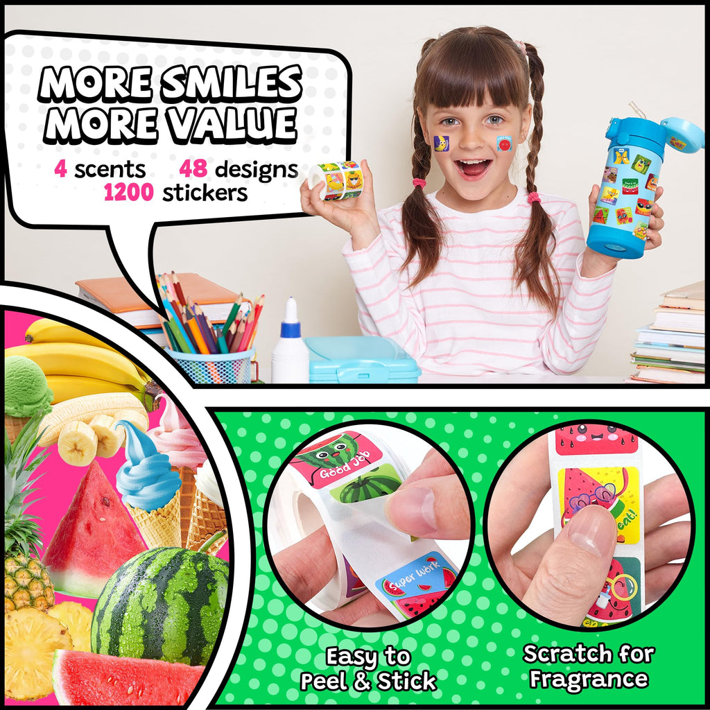 HORIECHALY 3 Rolls Scratch and Sniff Stickers for Kids, 600PCS Smelly Scented Stickers, Kid's Reward Sticker, Classroom Teacher Must Haves, School Supplies Incentives Christmas Children‘s Gift-1.57''