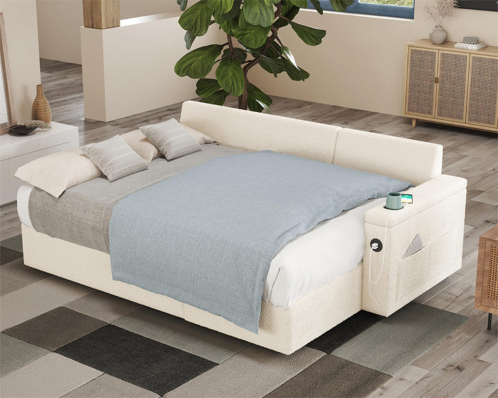 PaPaJet Sofa Bed, Sleeper Sofa with Storage Chaise, L Shaped Sofa with Pull Out Bed, Oversized Sofas for Living Room, Beige