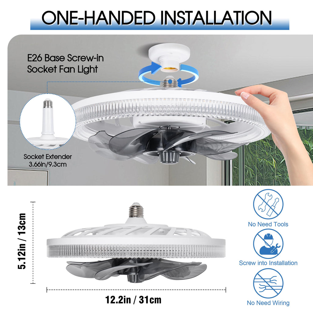 Socket Ceiling Fan Light,Bulb Socket Fan with Remote,Dimmable E26 Base Ceiling Fans with Lights for Bedroom,Screw in Fan and Light Combo,Mini Small Ceiling Fan with Light,Recessed Light Fan Lamp