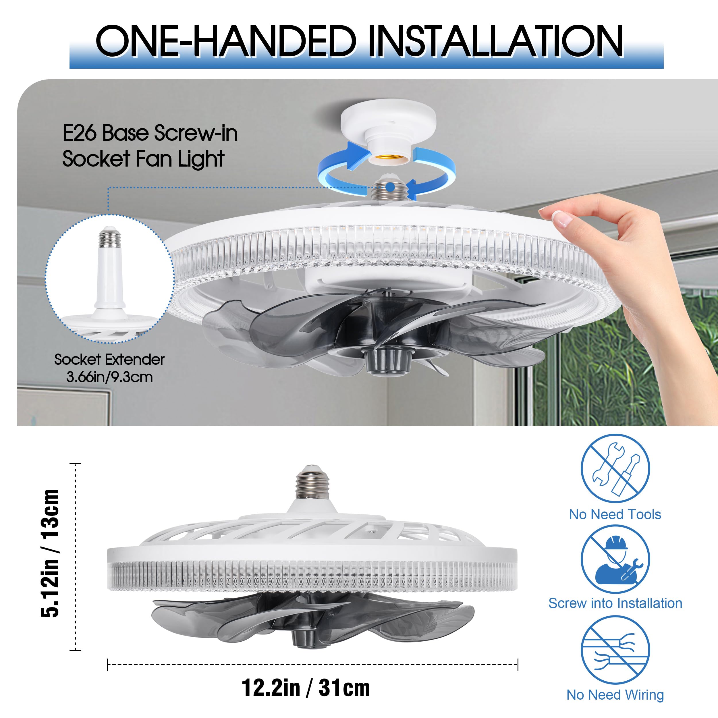 Socket Ceiling Fan Light,Bulb Socket Fan with Remote,Dimmable E26 Base Ceiling Fans with Lights for Bedroom,Screw in Fan and Light Combo,Mini Small Ceiling Fan with Light,Recessed Light Fan Lamp