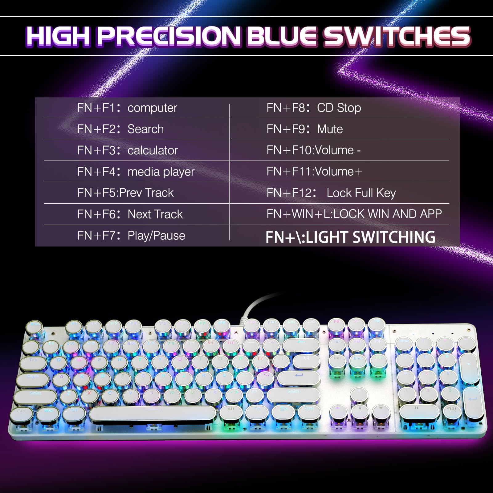 YSCP Typewriter Style Mechanical Gaming Keyboard RGB Backlit Wired with Blue Switch Retro Round Keycap 104 Keys Keyboard (R-Black)