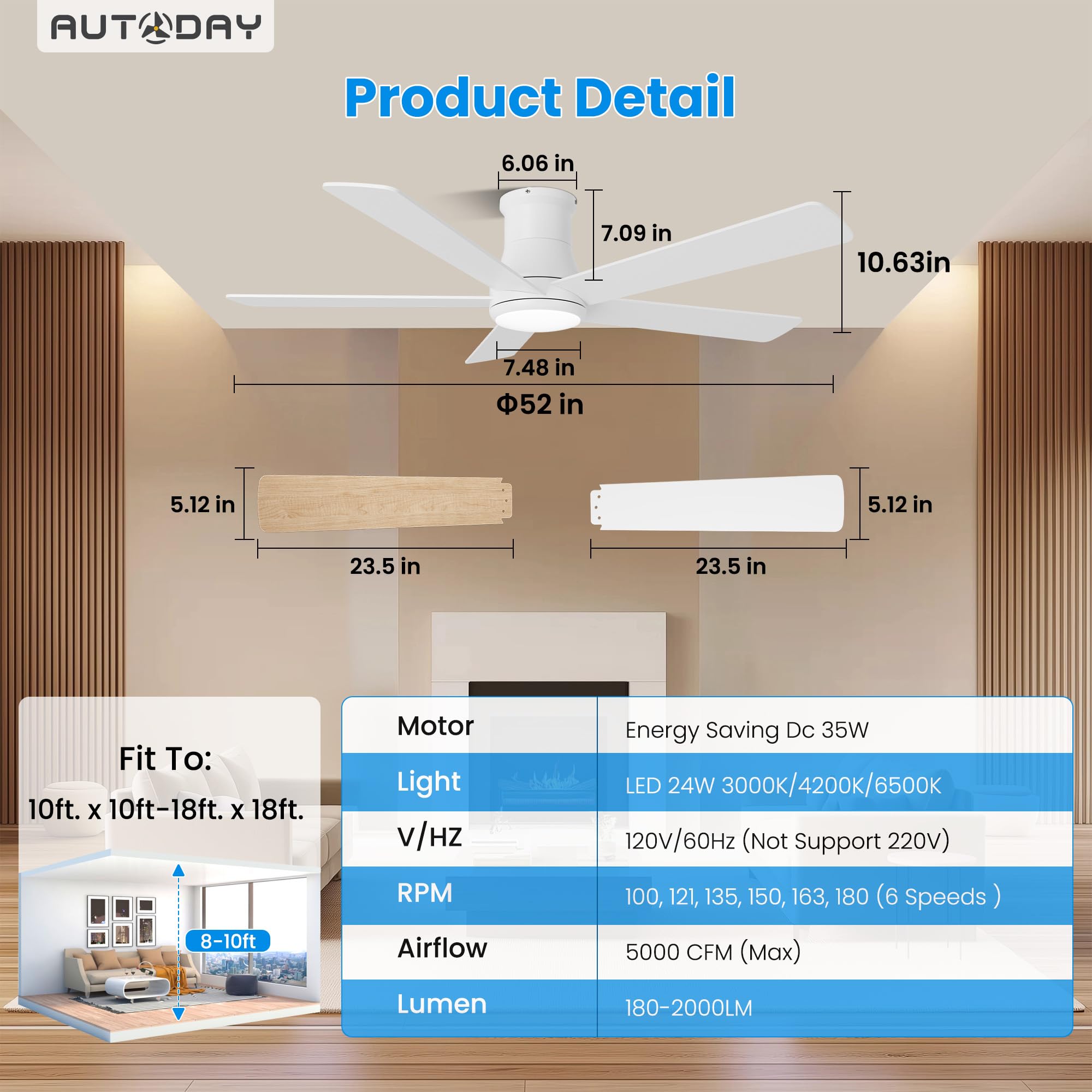 42 Inch Low Profile Ceiling Fan with Light, White Ceiling Fans with Lights and Remote, Flush Mount, 6 Speeds Reversible Quiet DC, 3CCT Dimmable, Indoor Outdoor Ceiling Fans for Patios Bedroom