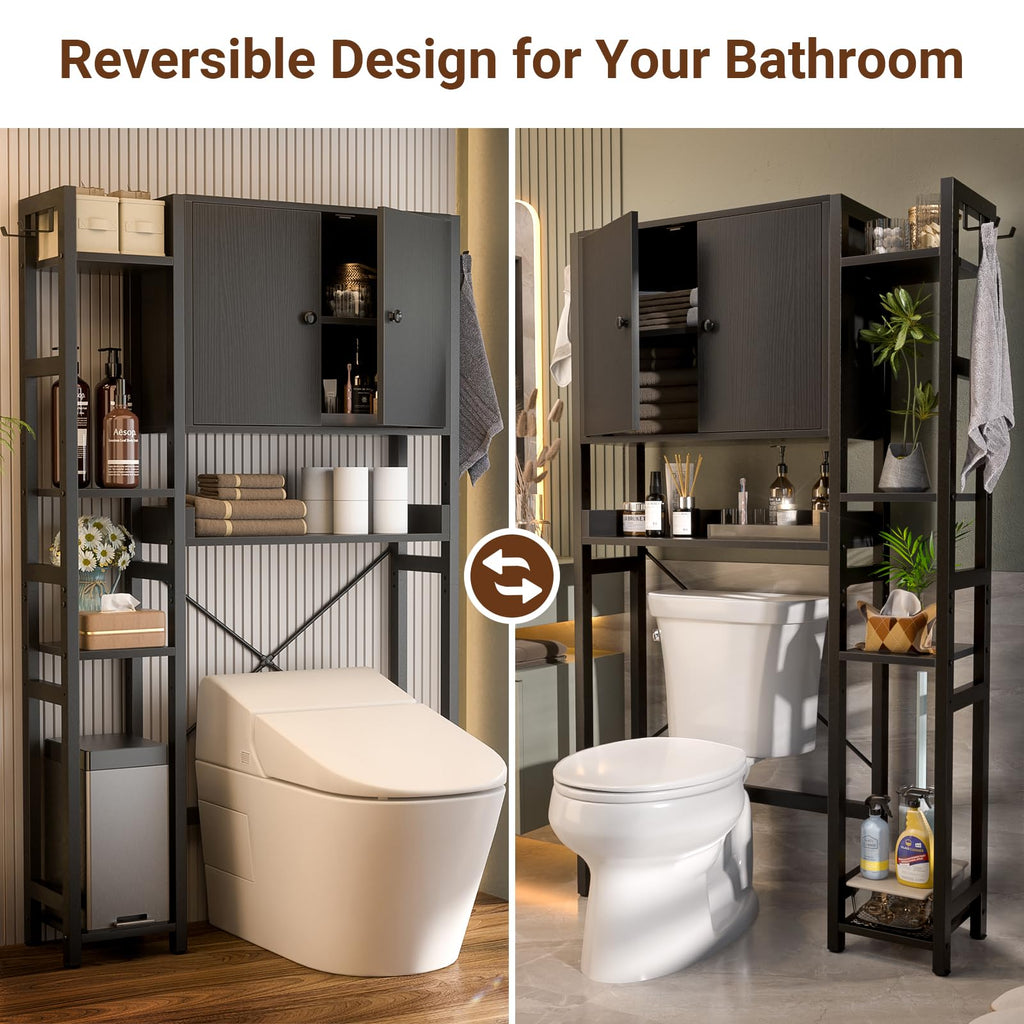 Over The Toilet Storage Cabinet with Doors - 7 Tier Bathroom Organizer with Adjustable Shelf, Freestanding Space Saver Rack Above Toilet Stand with 4 Hooks for Bathroom, Restroom, Laundry, Black