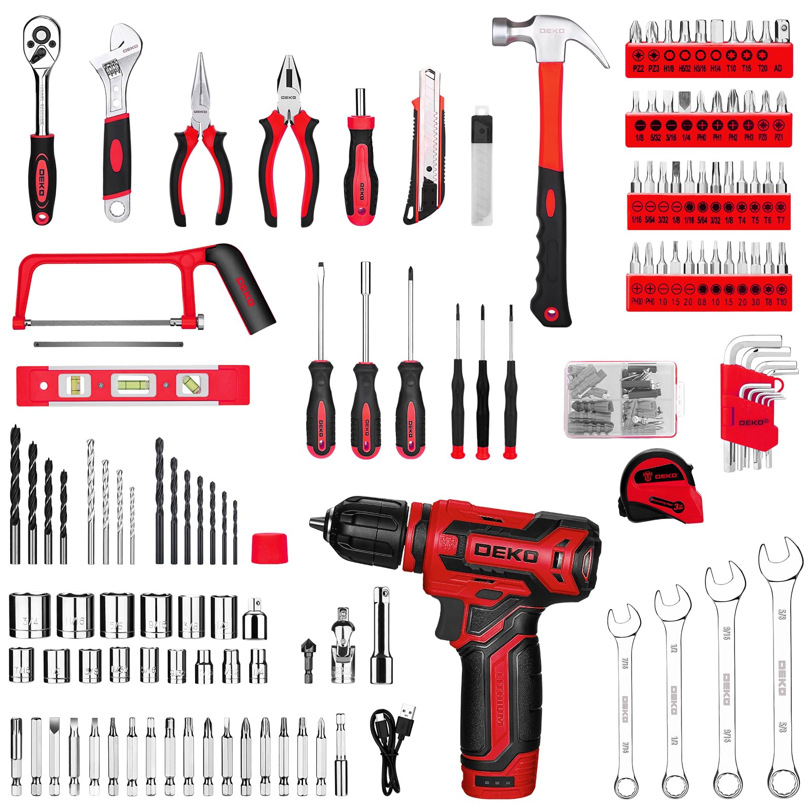 Tool Set: Tool Kit with 12V Cordless Drill, Hand Toolbox with storage case, Mechanic Tool set for Home Repairs, Green