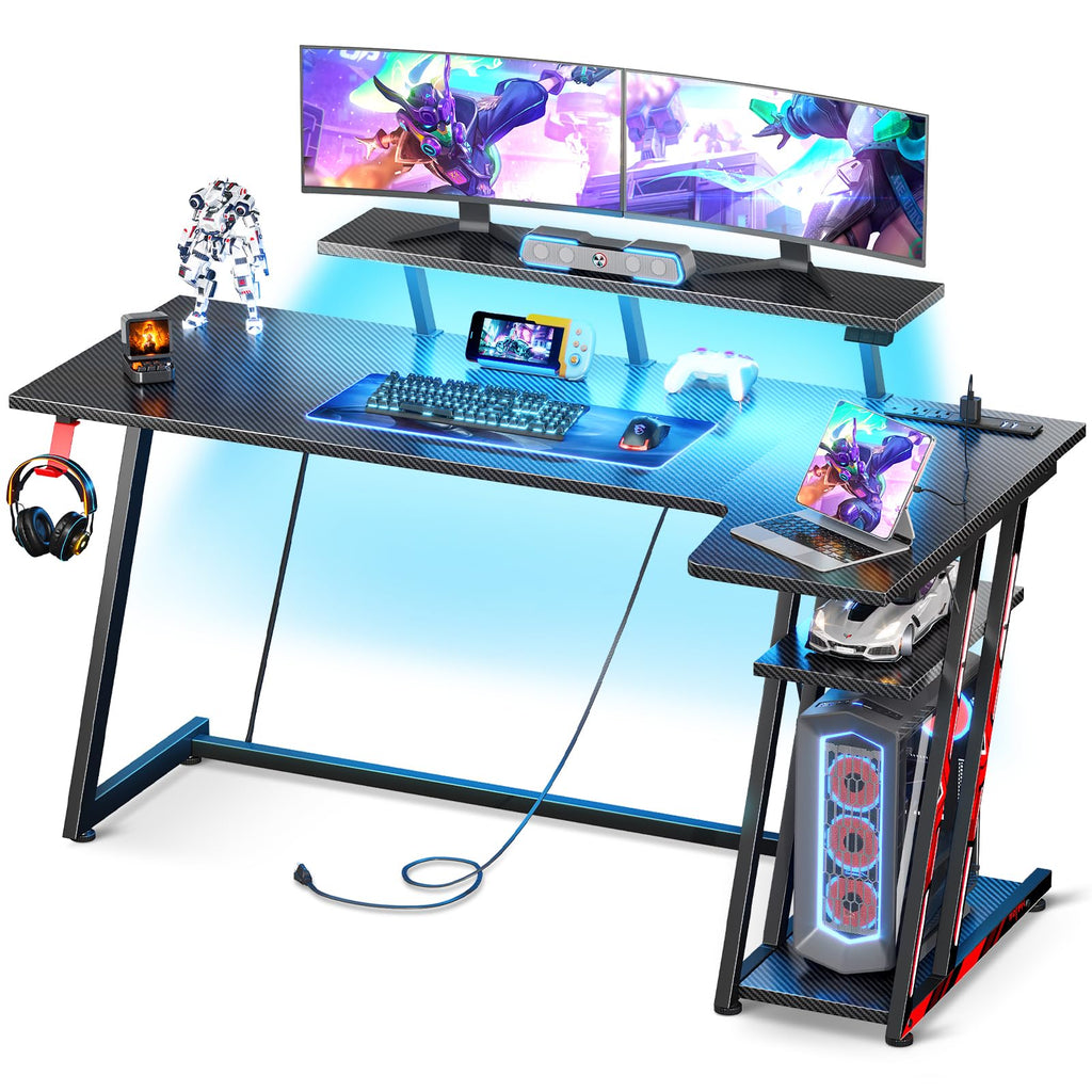 MOTPK Gaming Desk with LED Lights & Power Outlets, 47 Inch L Shaped Computer Desk with Storage Shelf, & Monitor Stand, PC Gaming Table with Carbon Fiber Texture, Black