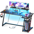 MOTPK Gaming Desk with LED Lights & Power Outlets, 47 Inch L Shaped Computer Desk with Storage Shelf, & Monitor Stand, PC Gaming Table with Carbon Fiber Texture, Black