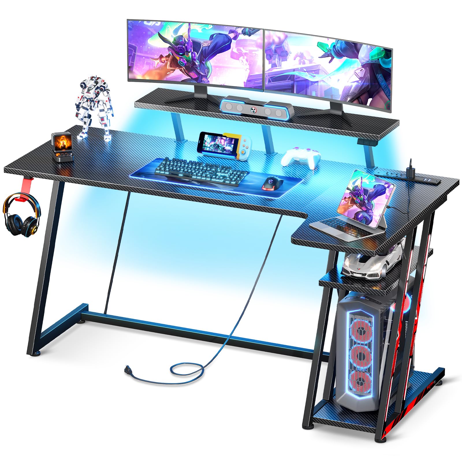 MOTPK Gaming Desk with LED Lights & Power Outlets, 47 Inch L Shaped Computer Desk with Storage Shelf, & Monitor Stand, PC Gaming Table with Carbon Fiber Texture, Black