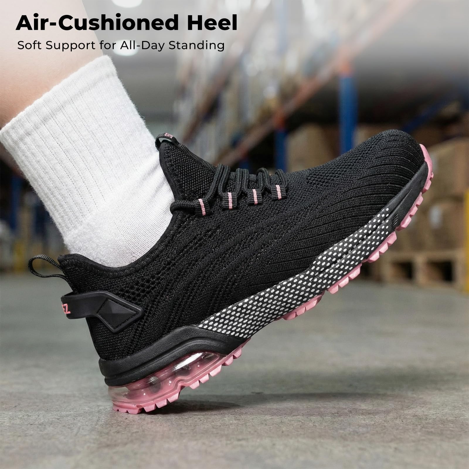 SPIEZ Safety Shoes for Women, Composite Toe Work Shoes with Air Cushioned Comfort, Lightweight Puncture Proof Safety Sneakers for Work and Daily Wear, Black Pink/Purple US4.5–10