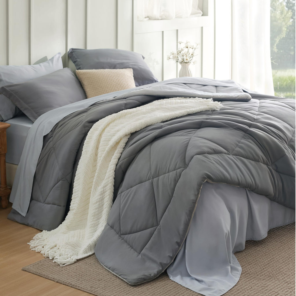 Bedsure Twin Comforter Set - 5 Pieces Reversible Grey Bedding, Twin Size Bed Set for All Seasons, Bed in a Bag with Down Alternative Comforter, Sheets, Pillowcase & Sham