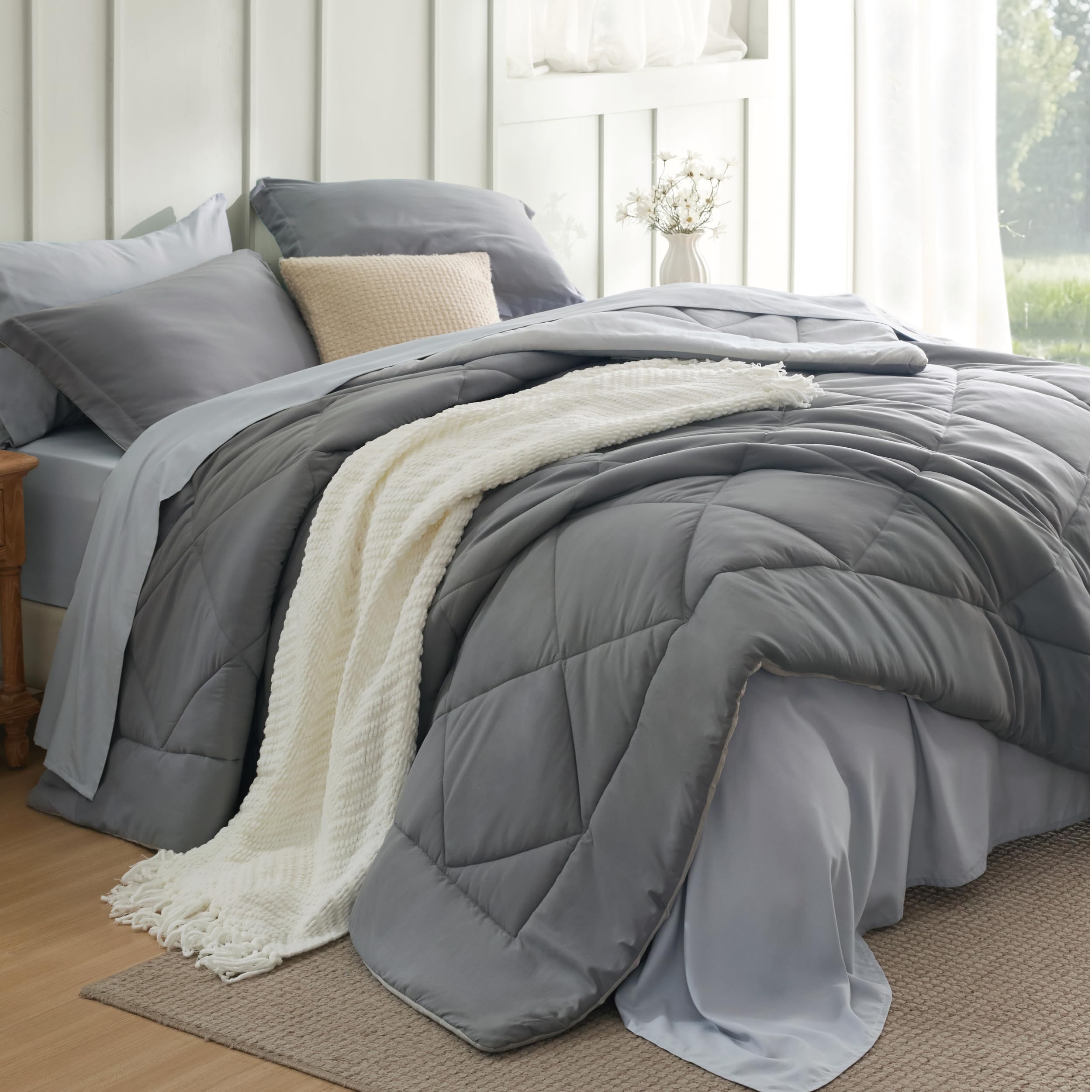 Bedsure Twin Comforter Set - 5 Pieces Reversible Grey Bedding, Twin Size Bed Set for All Seasons, Bed in a Bag with Down Alternative Comforter, Sheets, Pillowcase & Sham