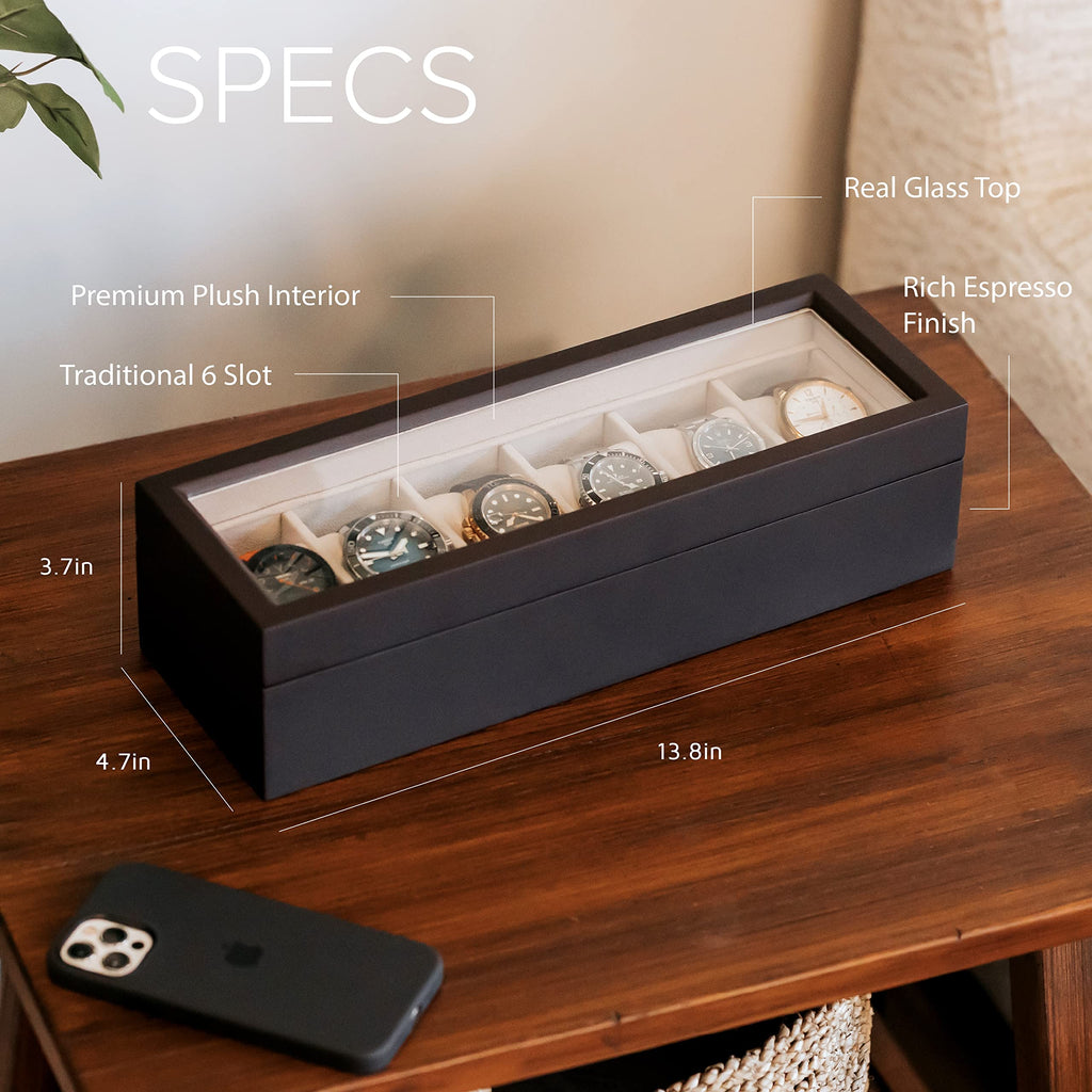 CASE ELEGANCE 6-Slot Solid Wood Watch Box for Men — Real Glass Display Top, Magnetic Closure & Pillow Stands | Watch Organizer Display Case | Gift for Him | Espresso