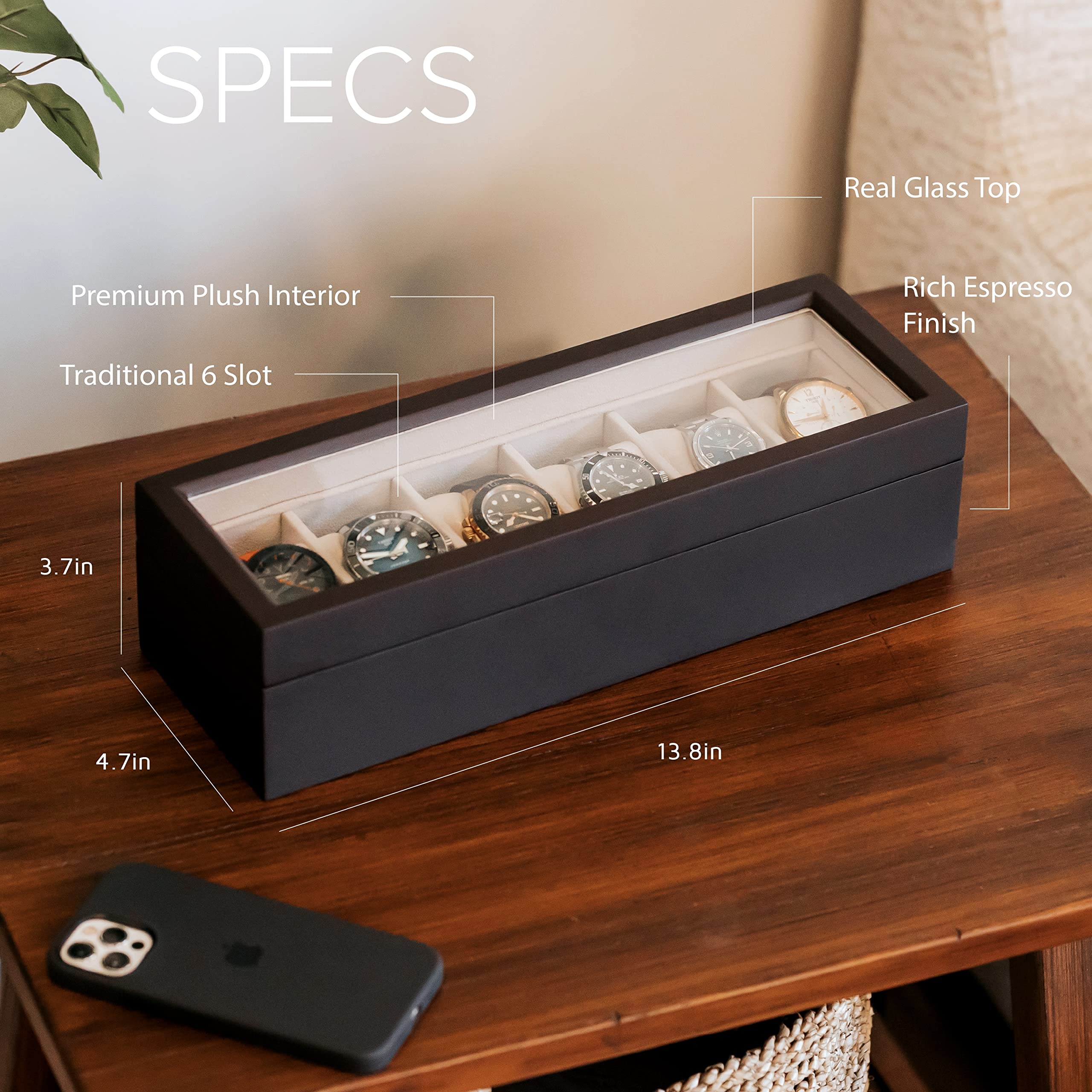CASE ELEGANCE 6-Slot Solid Wood Watch Box for Men — Real Glass Display Top, Magnetic Closure & Pillow Stands | Watch Organizer Display Case | Gift for Him | Espresso