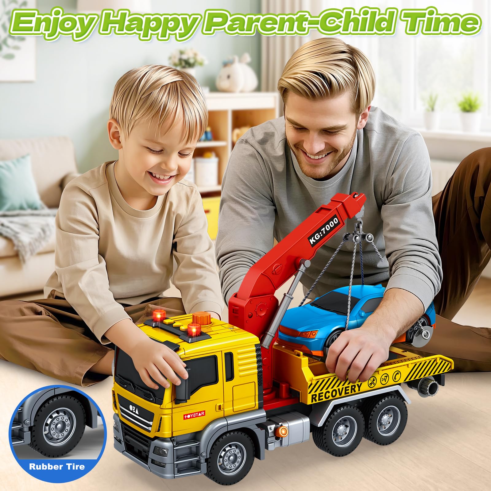 Bstoyder Kids Toys for 3 4 5 6 7 8 Years Old Boys, 15" Crane Truck Toy with Lights, Sounds, Toddler Friction Powered Truck Vehicle Toy for Boys Girls Birthday Gifts