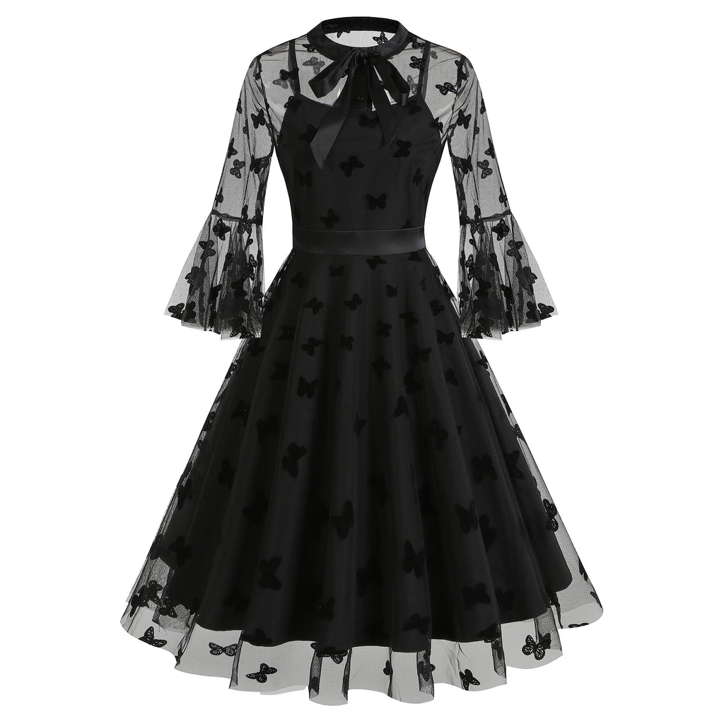 Women Mesh Floral Embroidery Vintage Cocktail Swing Dress Illusion 50s Goth Flared A line Casual Wedding Prom Evening Dress