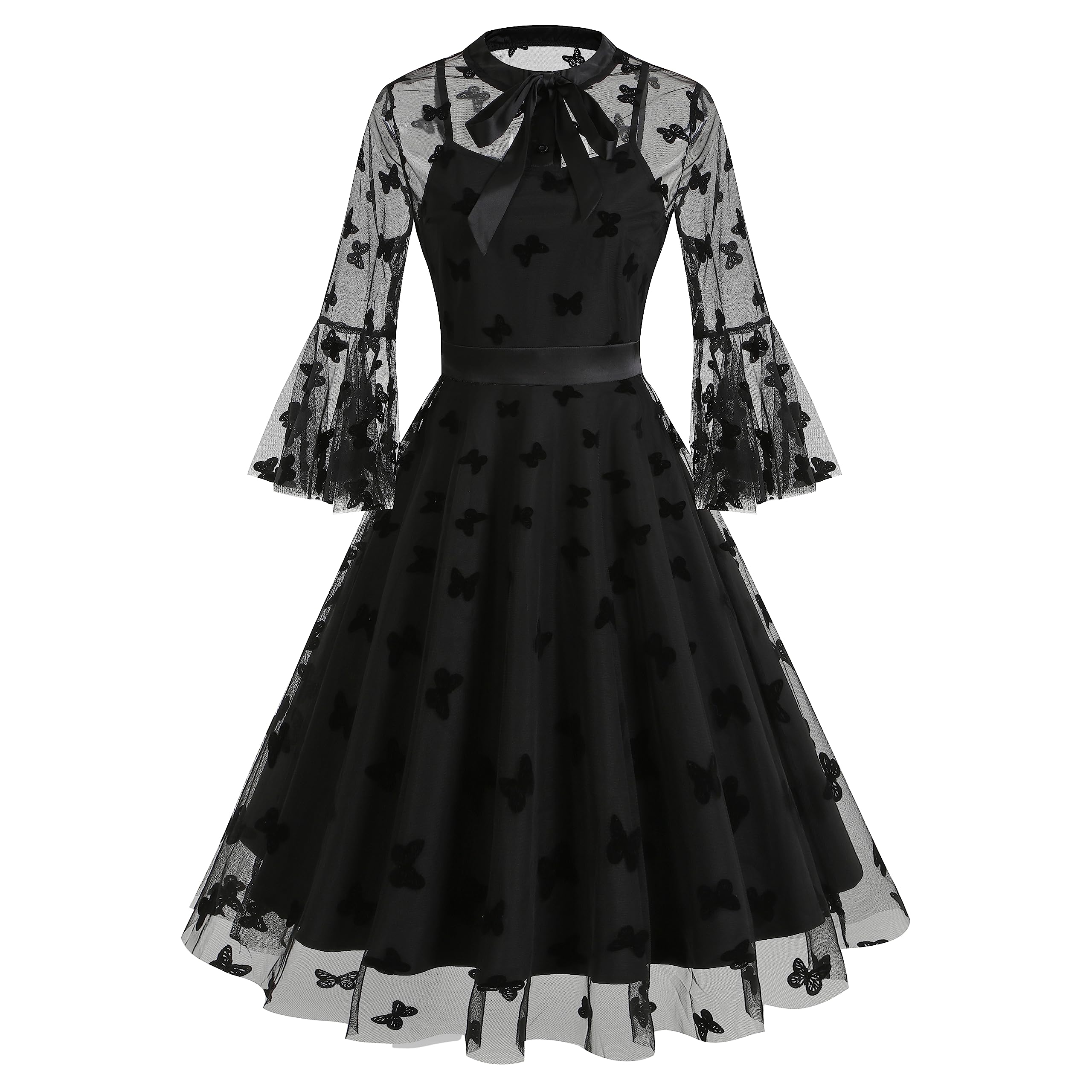 Women Mesh Floral Embroidery Vintage Cocktail Swing Dress Illusion 50s Goth Flared A line Casual Wedding Prom Evening Dress