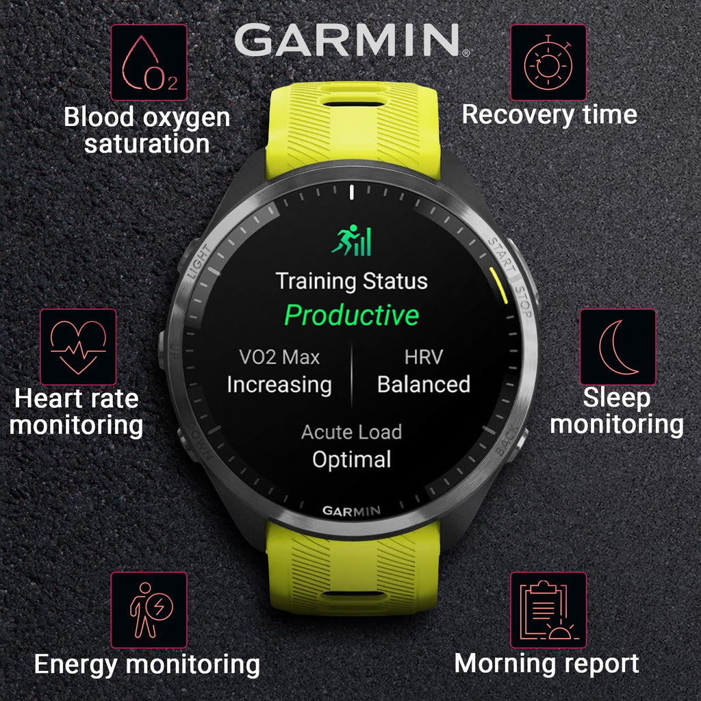 Garmin Forerunner 965 Premium GPS Running and Triathlon 47 mm Smartwatch with AMOLED Touchscreen Display, Carbon Gray DLC Titanium Bezel and Yellow Silicone Band + Black Earbuds Bundle