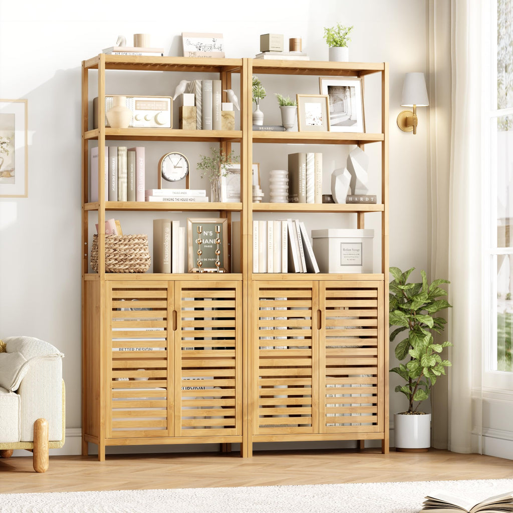 HIFIT Tall Bathroom Storage Cabinet, 66" Bamboo Narrow Bathroom Floor Cabinet with 2 Door & 4-Tier Open Shelves, Corner Tall Cabinets Freestanding Organizer Unit for Bath, Living Room, Entryway,Nature