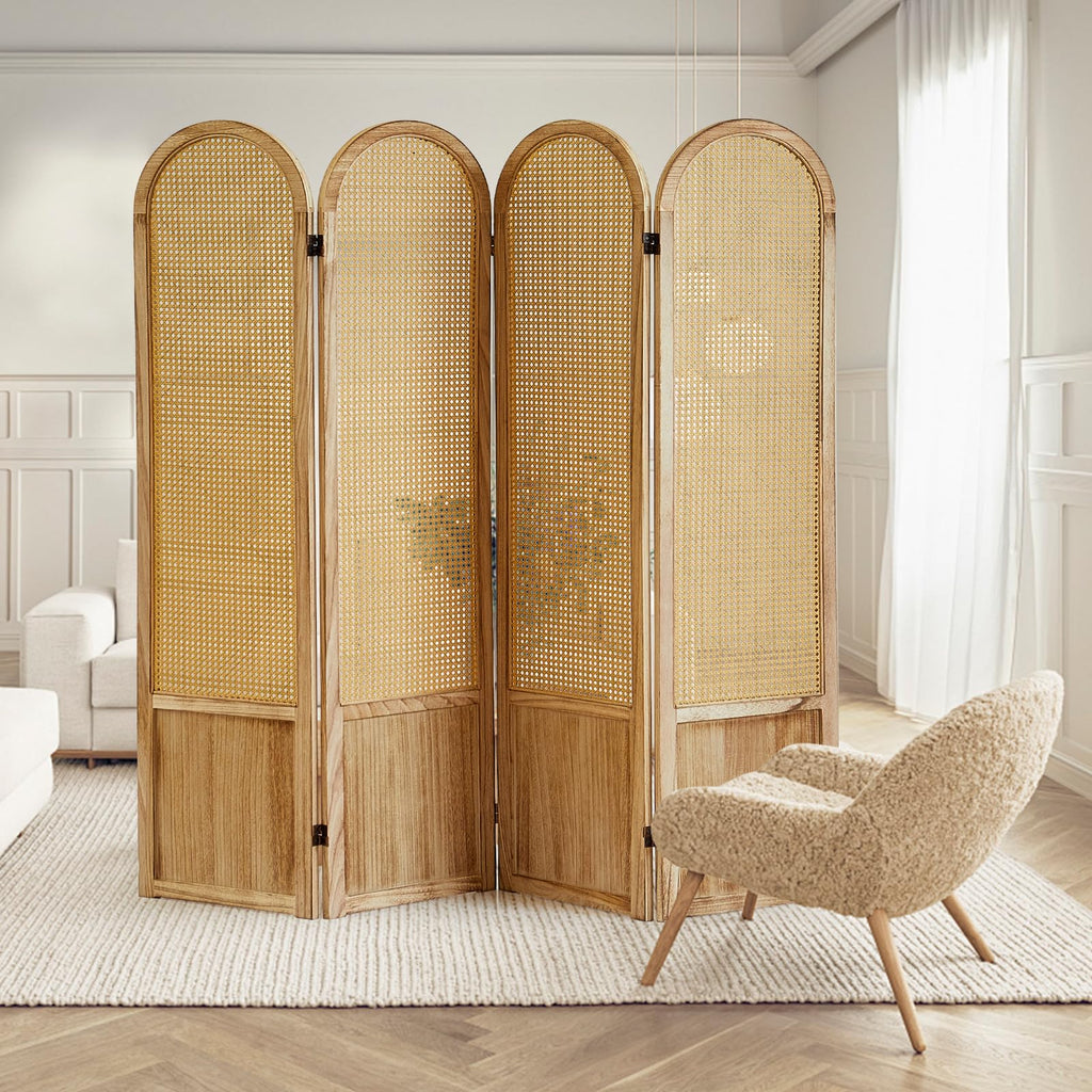 Hand-Woven Rattan Room Divider 3 Panels, 5.9 Ft Tall Wood Room Divider Panel, Partition Screen Divider Wall, Folding Privacy Screen, Wall Divider for Room Separation Home Office - Black