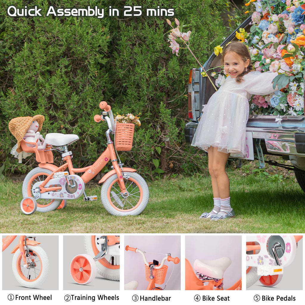 Glerc Maggie Girls Bike, 12-20 Inch Kids Bike for 2-13 Years Old Children, Princess Style Kids Bicycle with Doll-Seat & Basket & Training Wheels, Multiple Colors