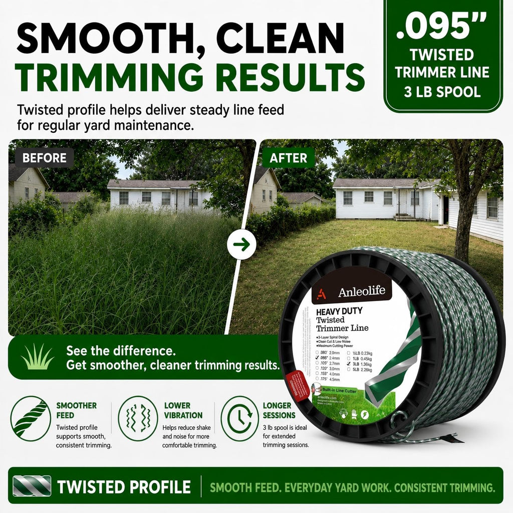 A Anleolife 1-Pound Heavy Duty Sawtooth 140-mil-by-108-ft Dual Core String Serrated Trimmer Line Donut for Walk Behind Wheeled Mowers with Built-in Line Cutter