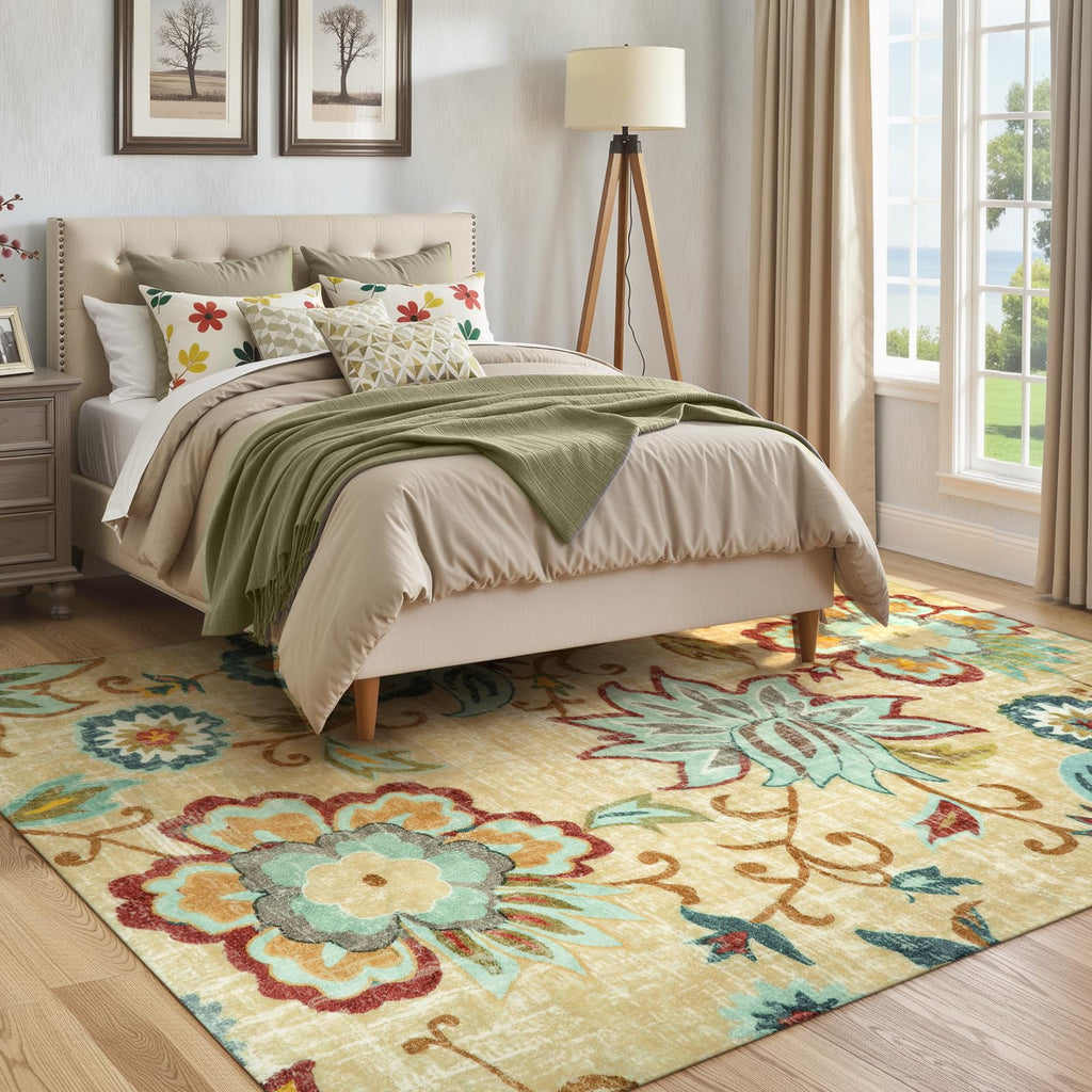 Lahome Floral Washable Area Rugs - 2x3 Non-Slip Small Entryway Rug Indoor, Throw Stain Resistant Kitchen Rugs Soft Black Paisley Print Bathroom Mats DoorMat Carpet for Bedroom Laundry Living Room Sink