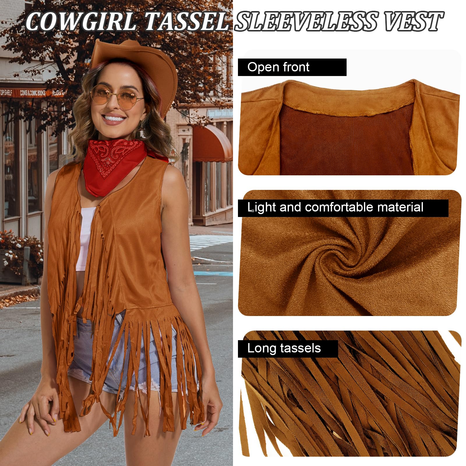 HyperFun Cowgirl Outfits for Women Western Costume Accessories Cowboy Hat Tassels Fringe Vest Earring Hippie Glasses Bandana