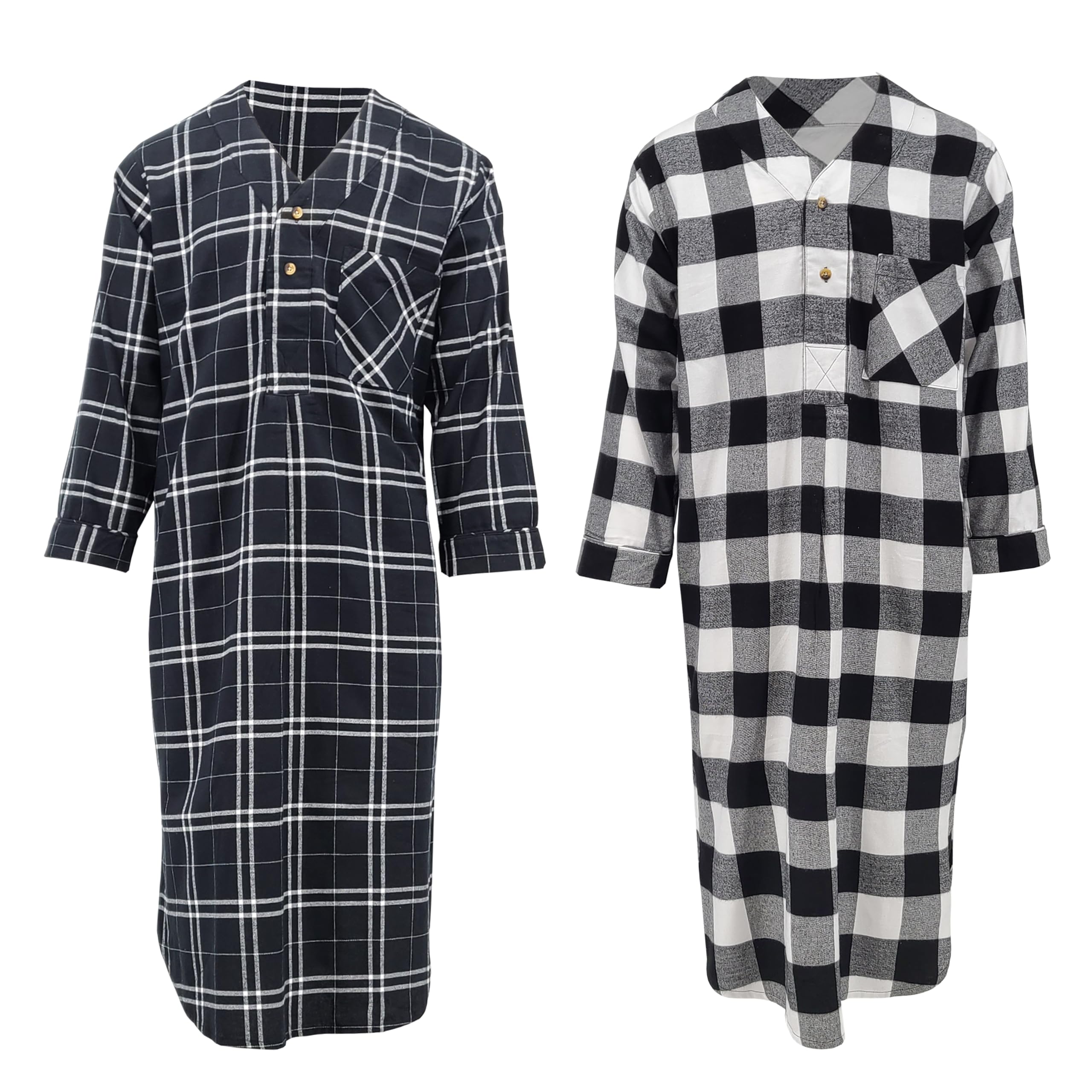 Andrew Scott Men's 2 Pack Lightweight Cotton Flannel Sleep Shirt, Long Henley Nightshirt Pajamas
