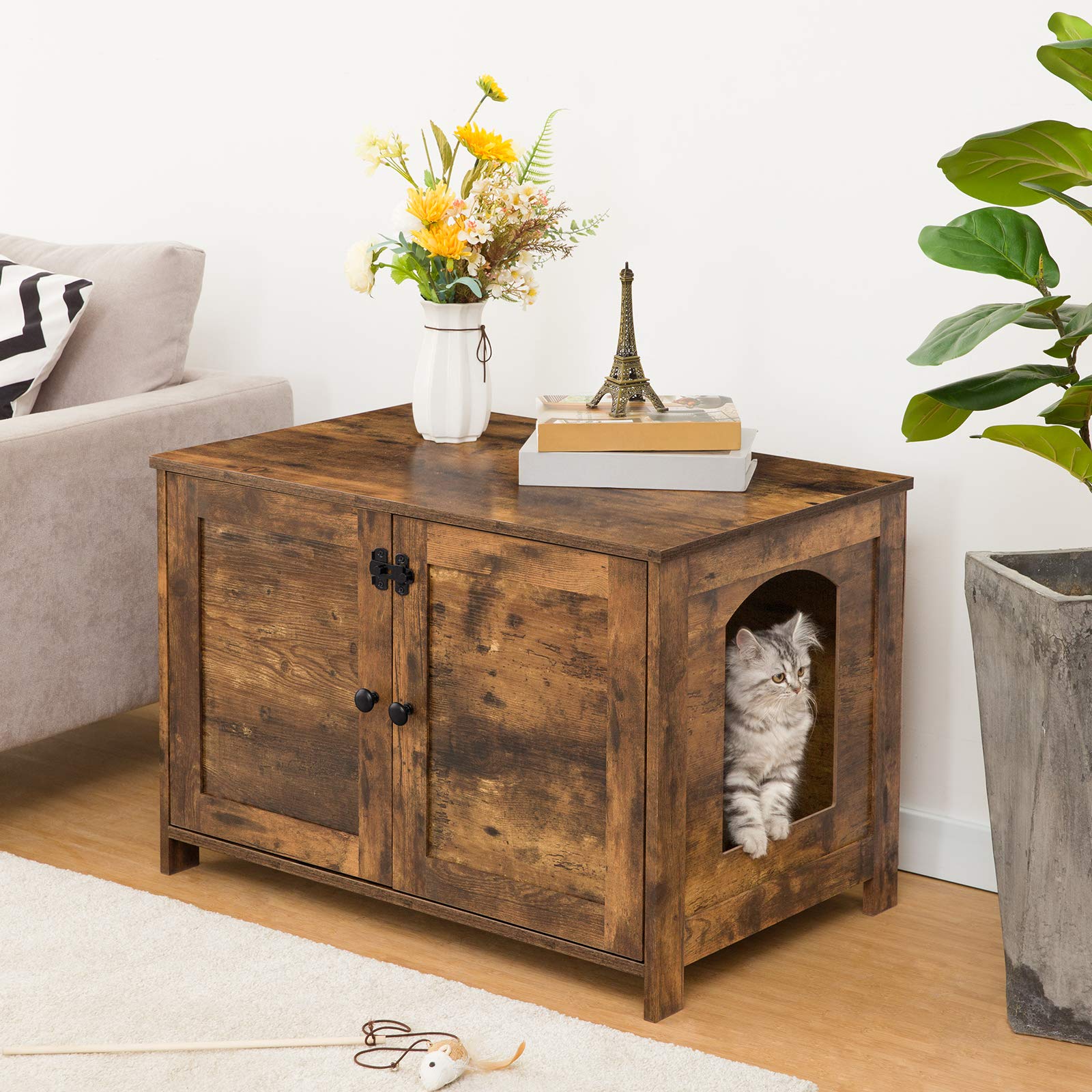 HOOBRO Litter Box Enclosure, Cat Litter Box Furniture with Removable Divider, Large Hidden Litter Box Furniture, Wooden Cat House, End Side Table, 31" L x 17.5" W x 19.7" H, Greige BG03MW01G2