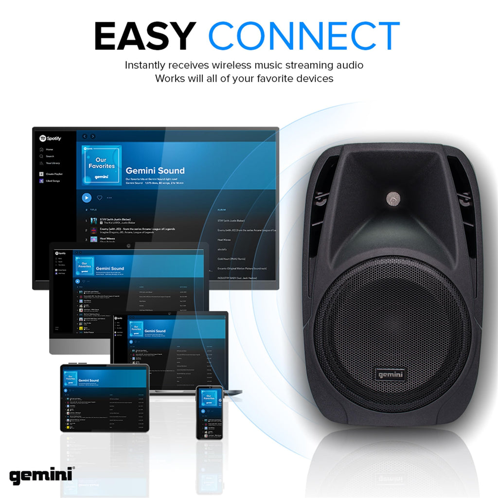 Gemini Dual 10" Powered PA System & Stands, 600W (ES-210MXBLU-ST) | Dual 10" PA with tripod stands - 6-channel powered mixer, 4 mic in - Bluetooth, USB - mic included