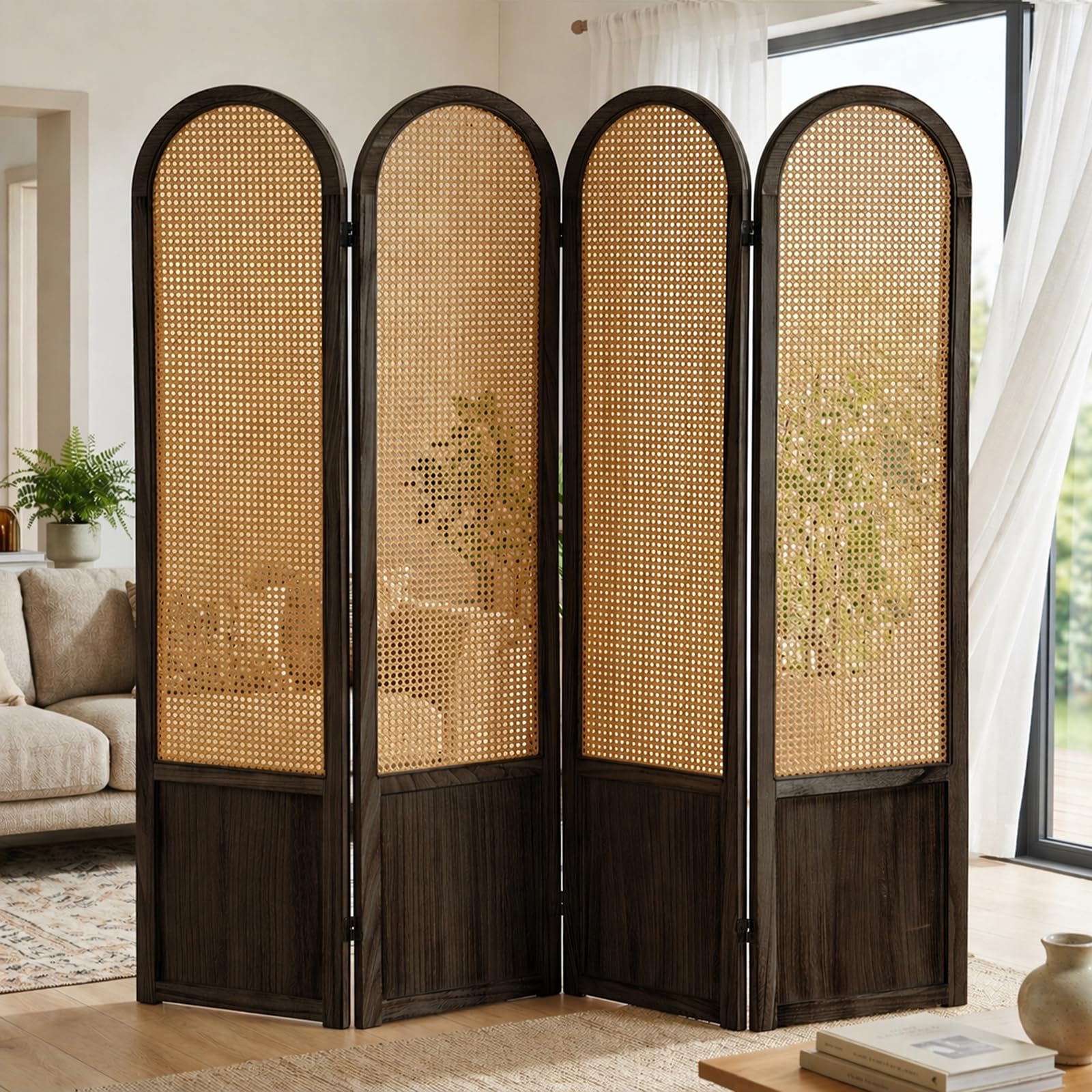 Hand-Woven Rattan Room Divider 3 Panels, 5.9 Ft Tall Wood Room Divider Panel, Partition Screen Divider Wall, Folding Privacy Screen, Wall Divider for Room Separation Home Office - Black