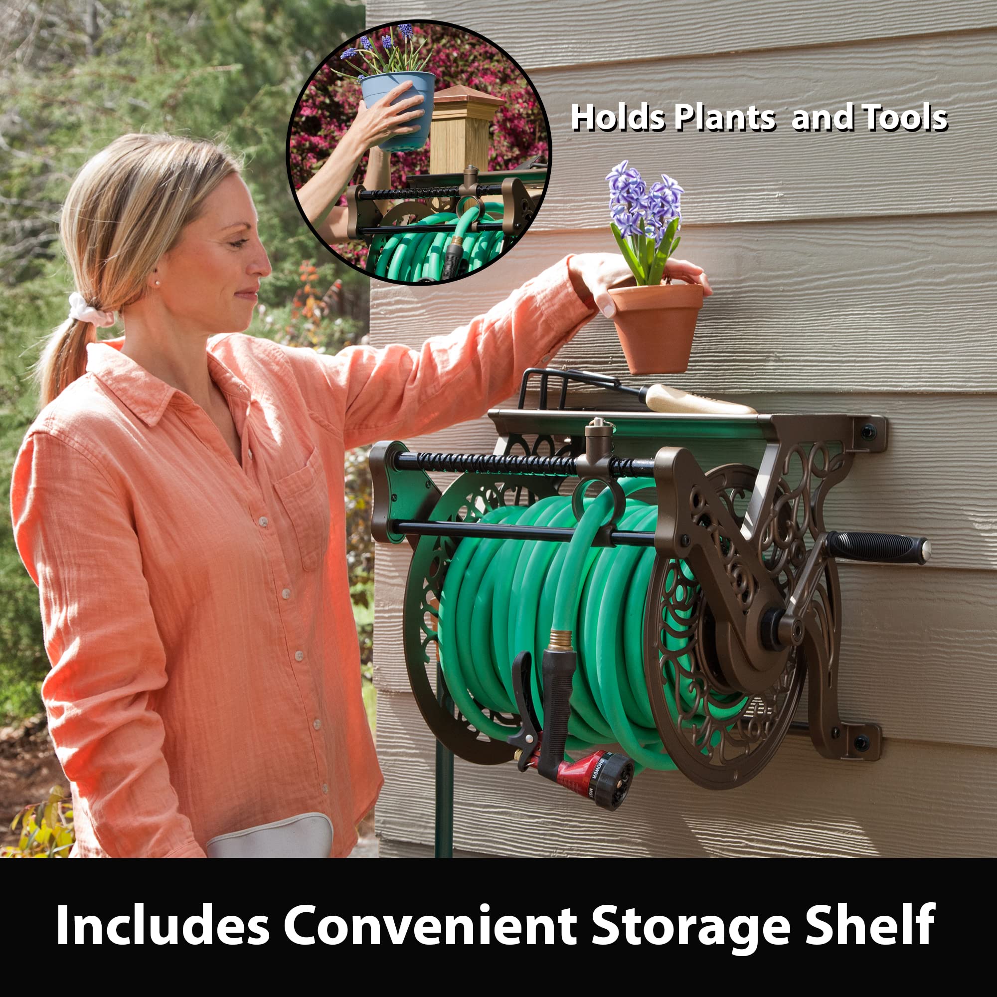 Liberty GARDEN 704 Decorative Cast Aluminum Wall Mount Garden Hose Reel, Holds 125-Feet of 5/8-Inch Hose - Bronze