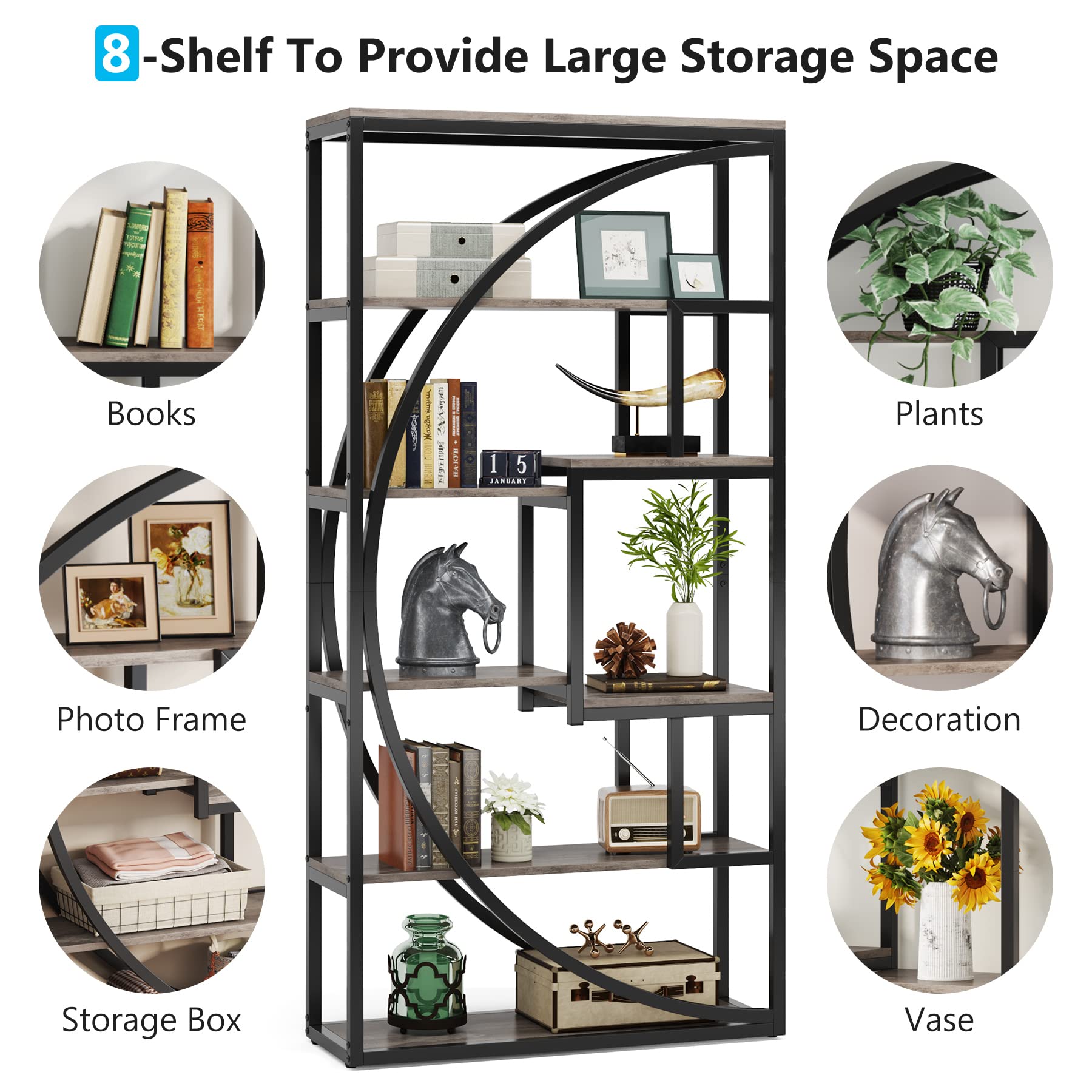 Tribesigns Bookshelf, Industrial 5-Tier Etagere Bookcase, 70.8 inch Tall Bookshelf with 8 Open Storage Shelf, Book Shelf Display Tack Shelving Unit for Home Office Living Room, Rustic Brown