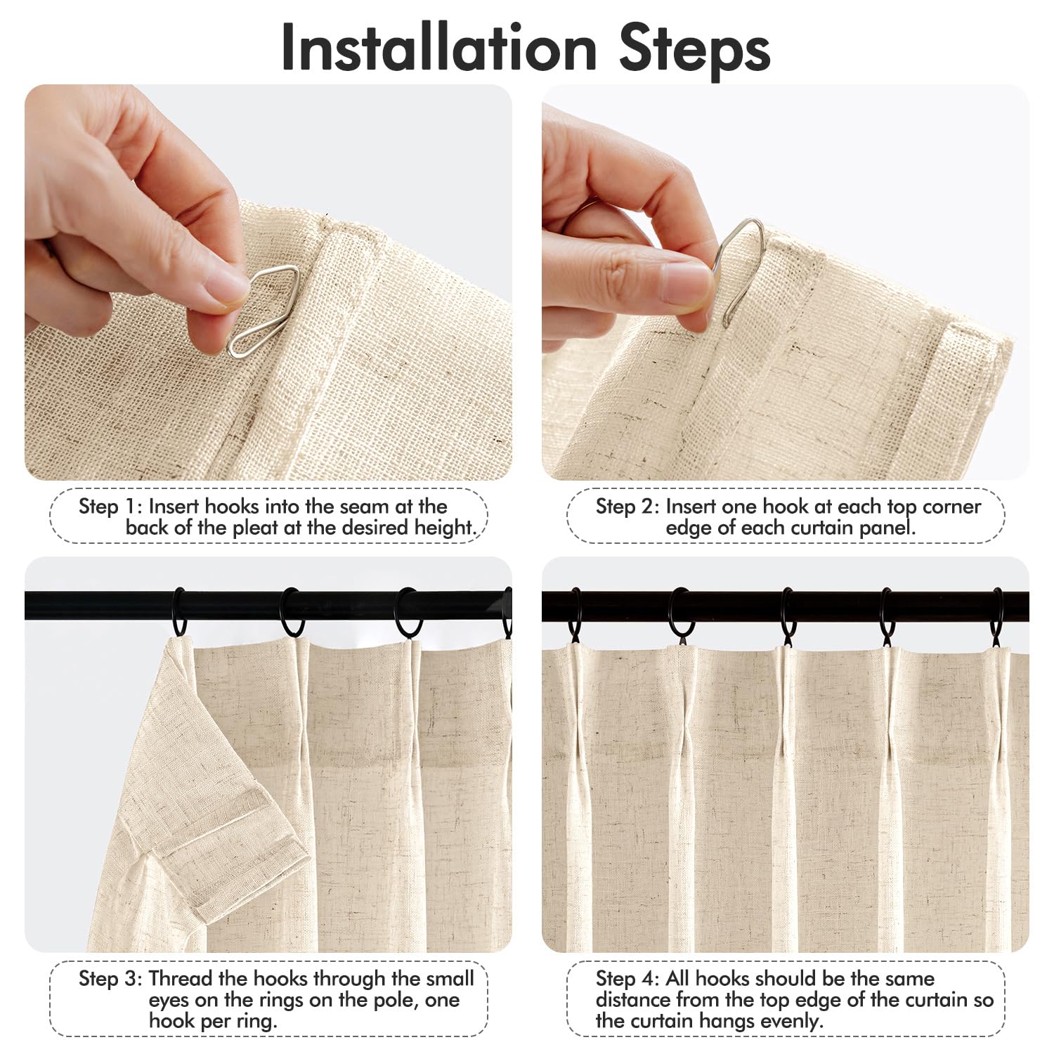 MIULEE Pinch Pleated Linen Curtains 84 Inches Long 2 Panels for Bedroom Living Room, Soft Thick Linen Textured Window Drapes Back Tab Hooks Semi Sheer Light Filtering Farmhouse，Beige