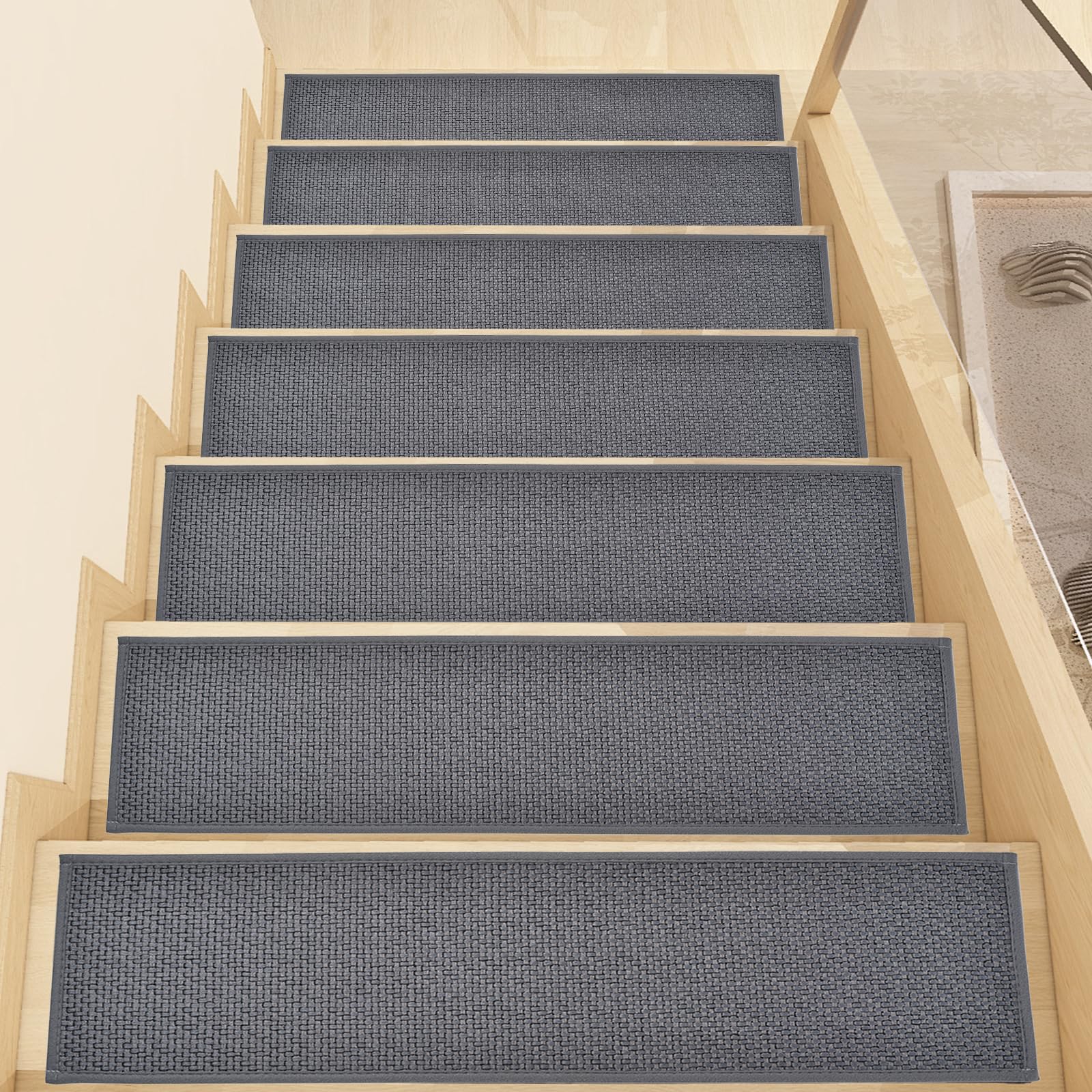 Non Slip Stair Treads for Wooden Steps, Square Rubber Backing Non Slip Stair Landing Mat, Thicken Linen Carpet Stair Runners Indoor, No Residue Stair Carpet Treads, 29"x29", Beige