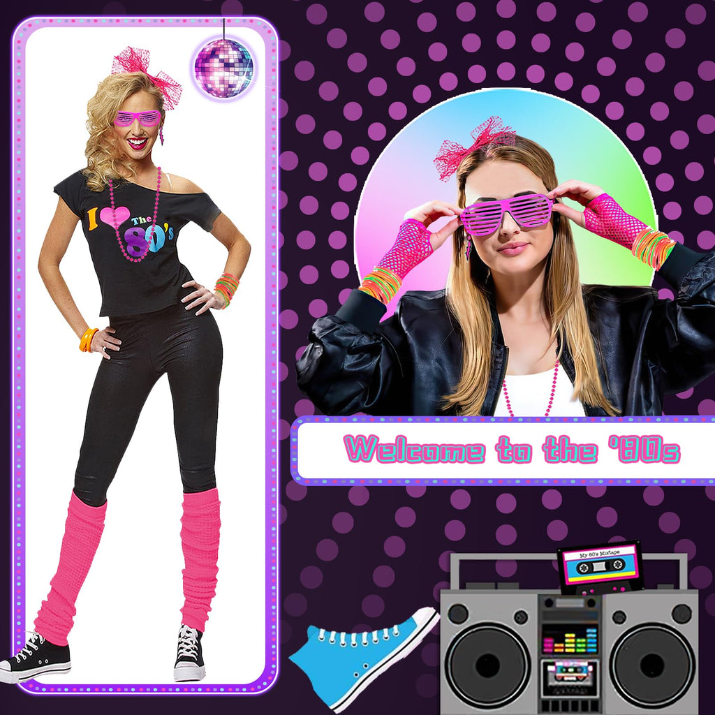 Upgraded 80s Outfit Costume for Women,80s Party Costume Accessory Sets with T-Shirt Tutu Skirt Waist Pack etc