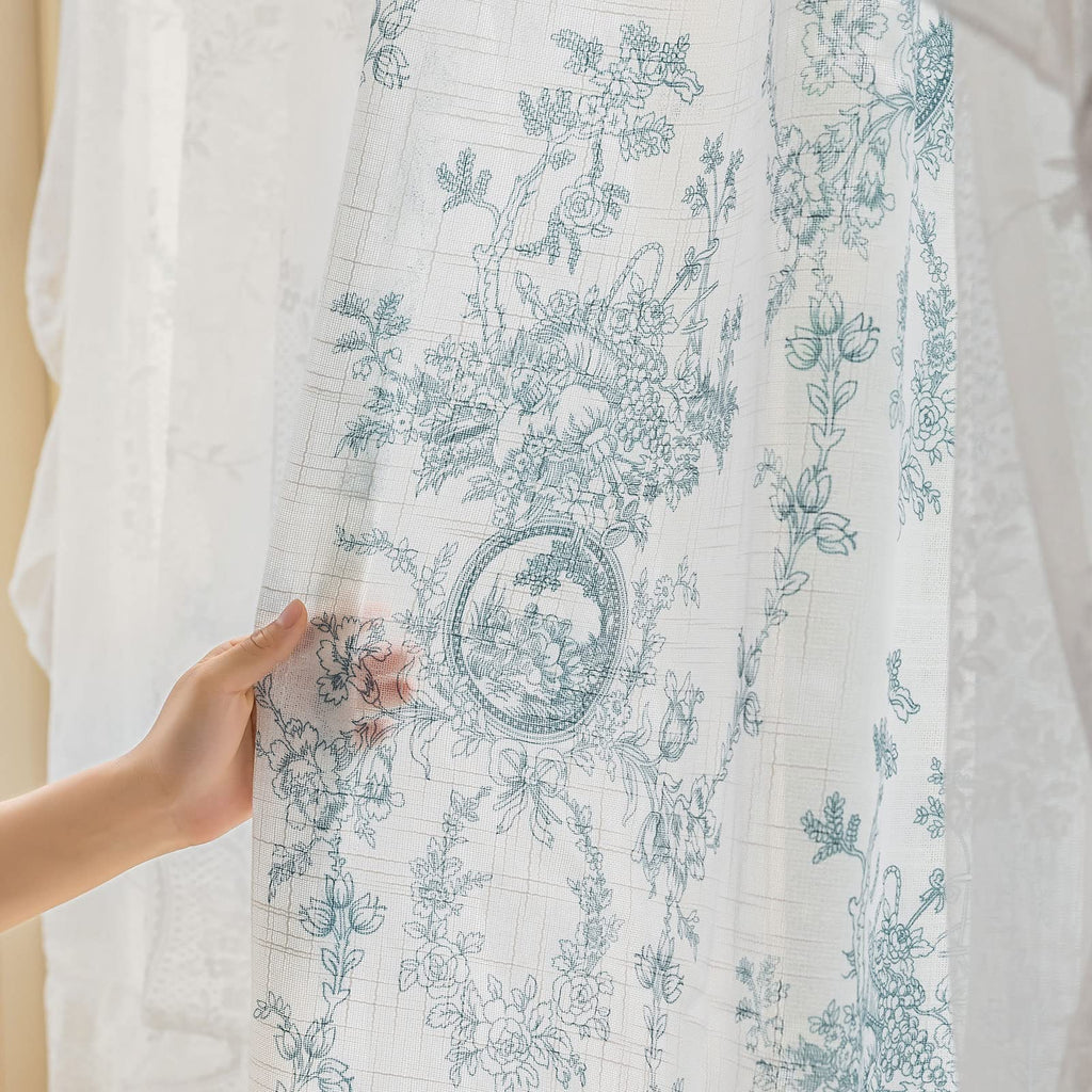 SUOUO Blue Leaf Semi Sheer White Curtains for Bedroom Dining Living Room Linen Textured 84 inches Long Rod Pocket Boho Window Drapes 2 Panels