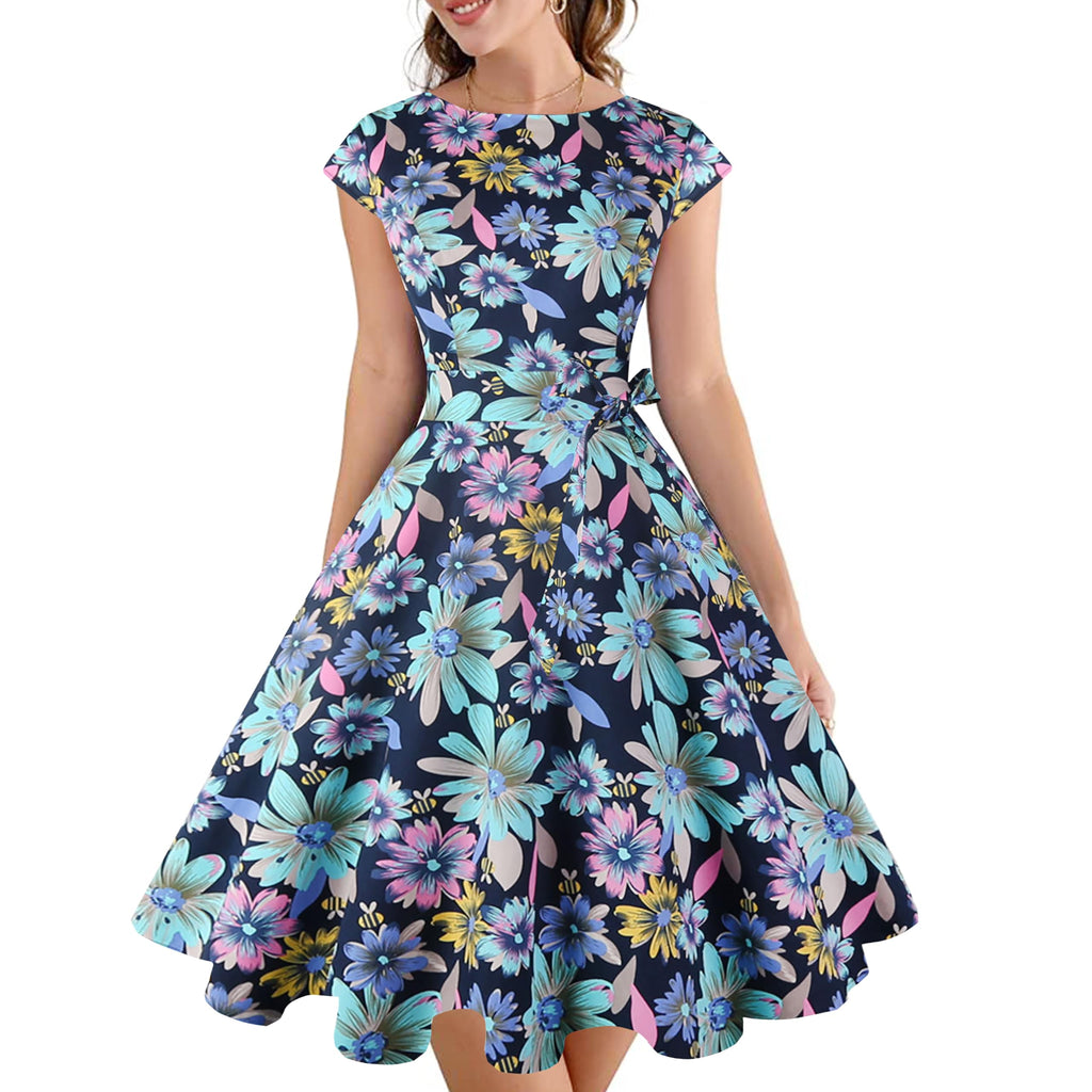 PUKAVT Women's 1950 Boatneck Cap Sleeve Vintage Swing Cocktail Party Dress with Pockets