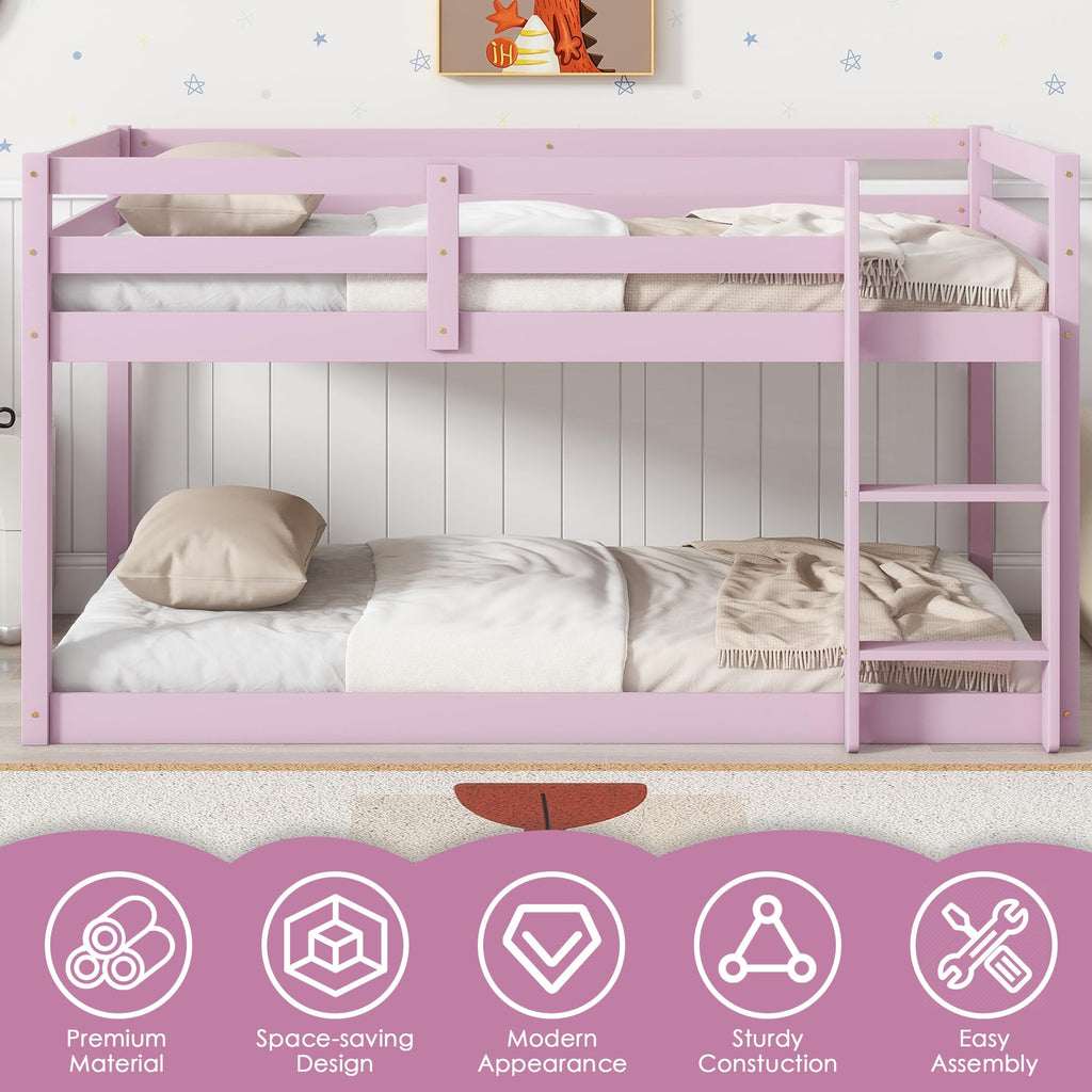 Bunk Bed Twin Over Twin, Wood Low Profile Floor Twin Bunk Beds with Headboard Ladder Guardrails for Kids Boys and Girls, No Box Spring Needed
