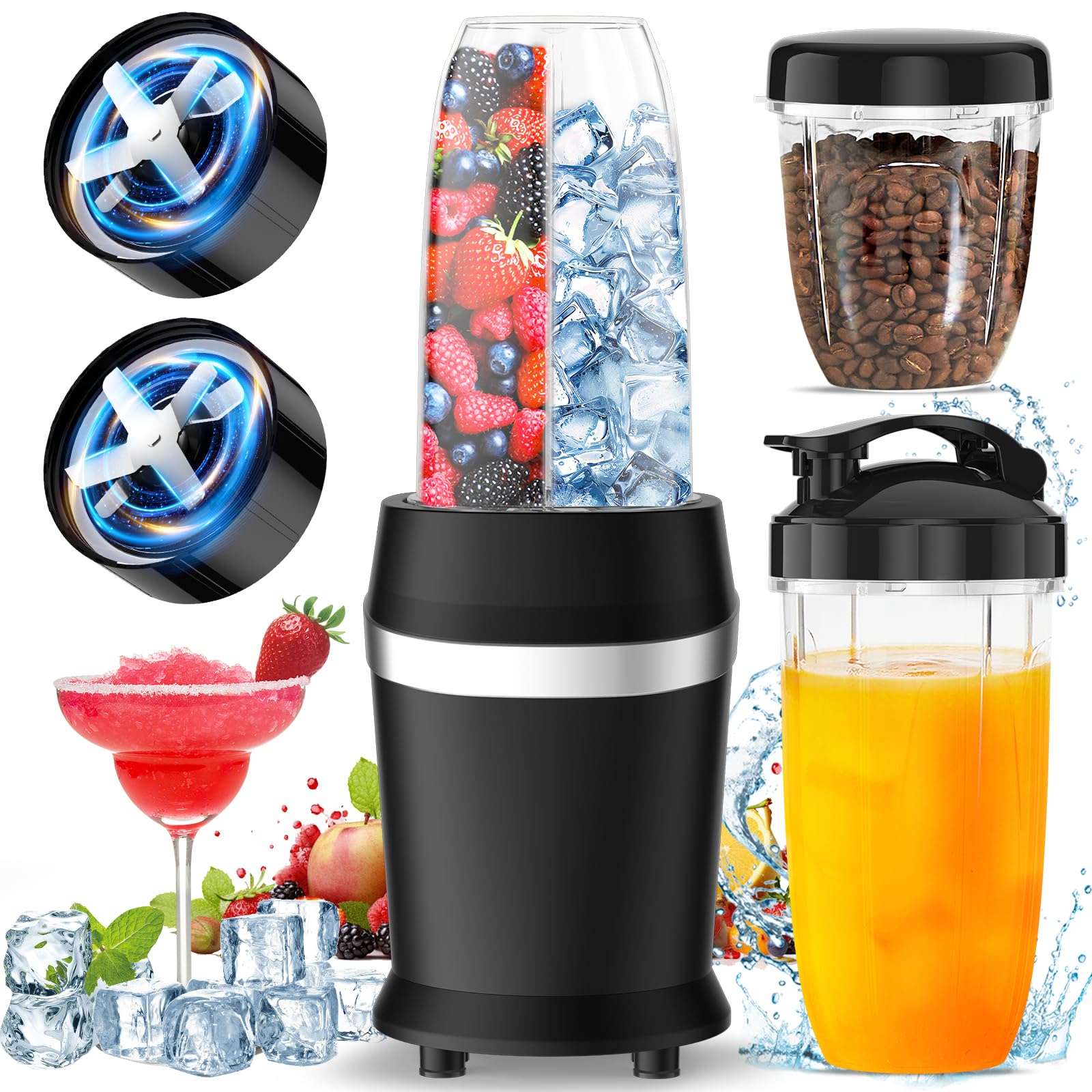 Colarlemo 12-Piece Smoothie Blender Maker 25,000 RPM Personal Blender for Ice Crushing Smoothies & Frozen Drinks Nuts with 23oz, 32oz, 37oz Portable Cups Two 6-Leaf Stainless Steel Blades, Silver