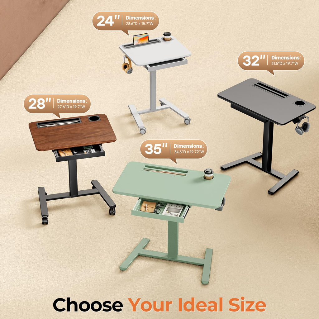 Small Mobile Standing Desk with Drawer, 23.6"x19.7" Rolling Laptop Cart on Wheels, Height Adjustable Sit Stand Computer Workstation with Storage for Compact Space, Black