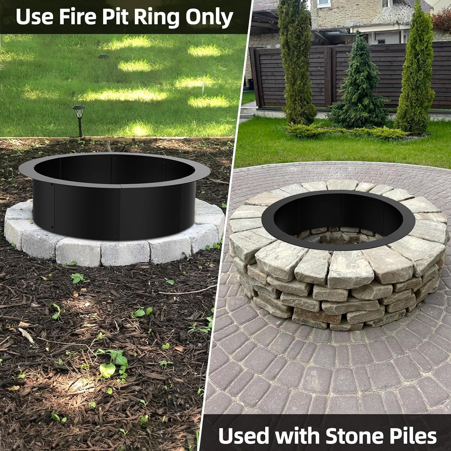 36 inch Inner Fire Pit Ring, 40 inch Outer Large Round Steel Fire Pit Insert Metal Fire Ring Liner Rim Heavy Duty for Outdoor