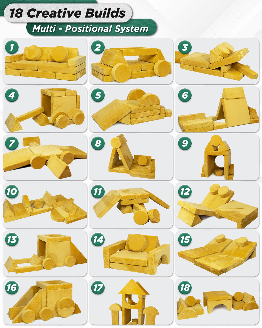 Lunix LX15 14pcs Modular Kids Play Couch, Child Sectional Sofa, Fortplay Bedroom and Playroom Furniture for Toddlers, Convertible Foam and Floor Cushion for Boys and Girls, Amber Yellow