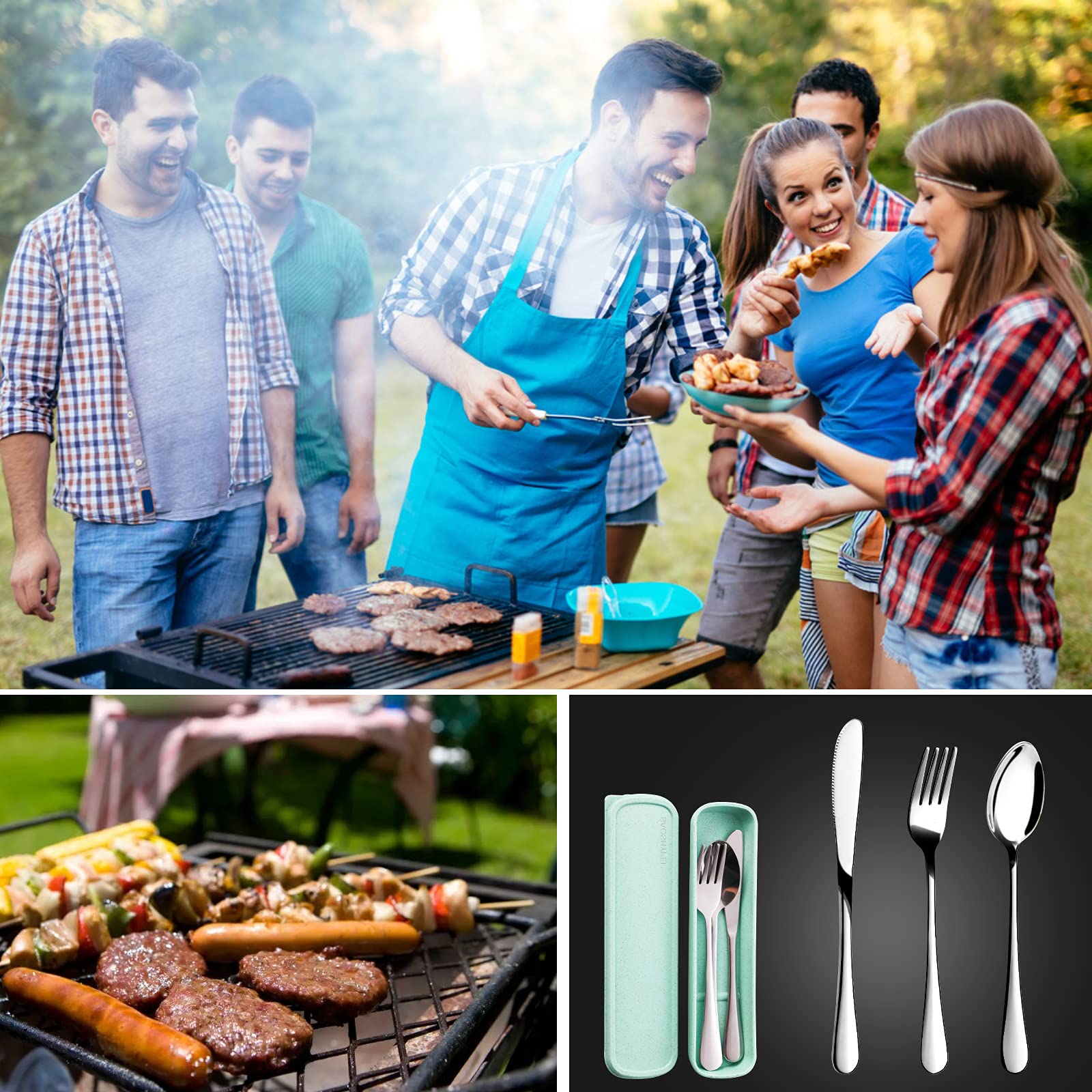 SAOSHYPEI 4-Piece Portable Utensils Set with Travel Case, Reusable Food-Grade Stainless Steel Silverware (Knife, Fork, Spoon), Dishwasher Safe Flatware for Camping, Work Lunch & Picnic, Black